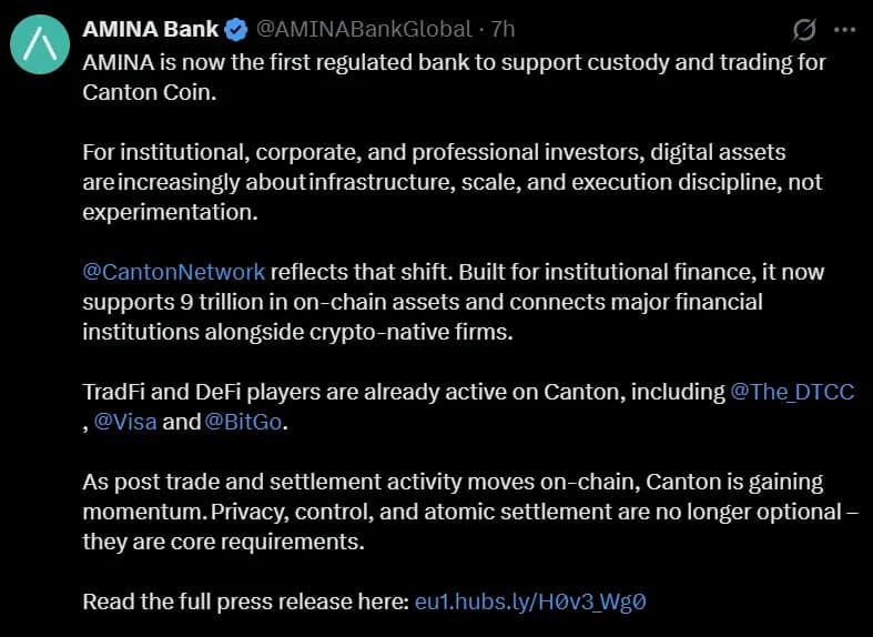 Amina Adds Trading, Custody Support for Canton Network Token