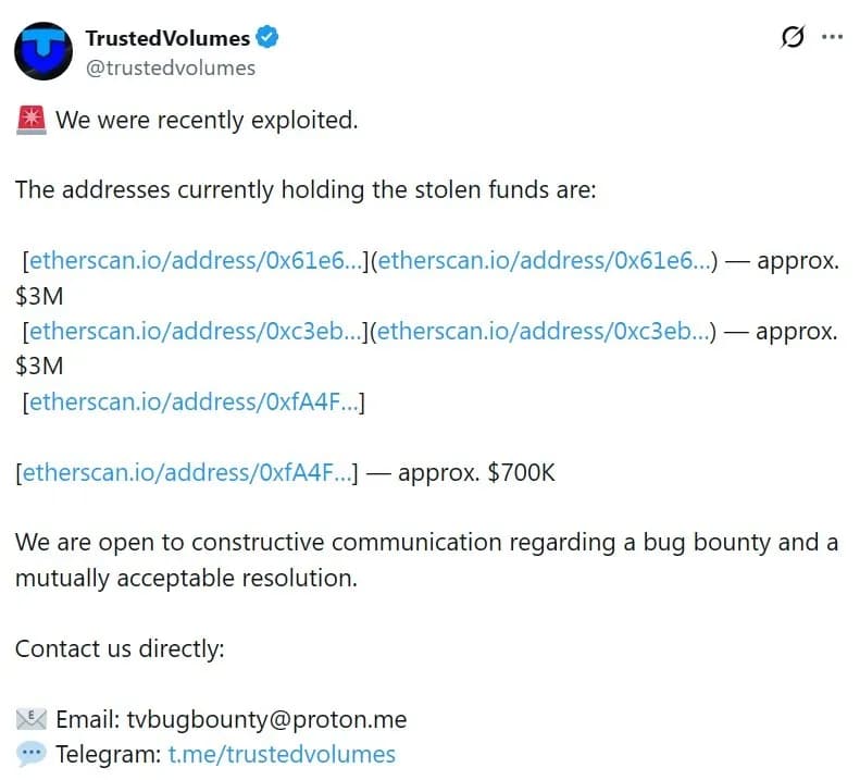 Trusted Volumes Confirms $6.7M DeFi Resolver Exploit