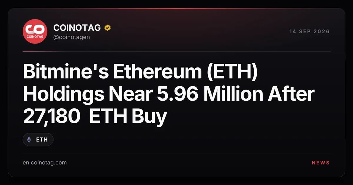 Bitmine's Ethereum (ETH) Holdings Near 5.96 Million After 27,180 ETH Buy