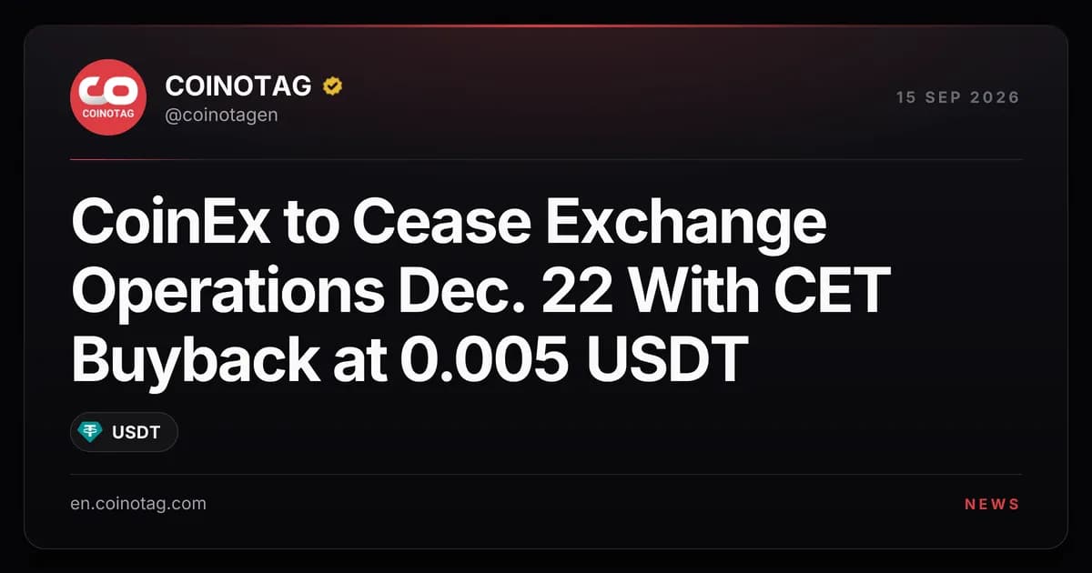 CoinEx to Cease Exchange Operations Dec. 22 With CET Buyback at 0.005 USDT