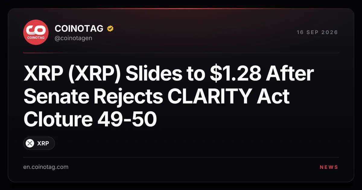 XRP (XRP) Slides to $1.28 After Senate Rejects CLARITY Act Cloture 49-50