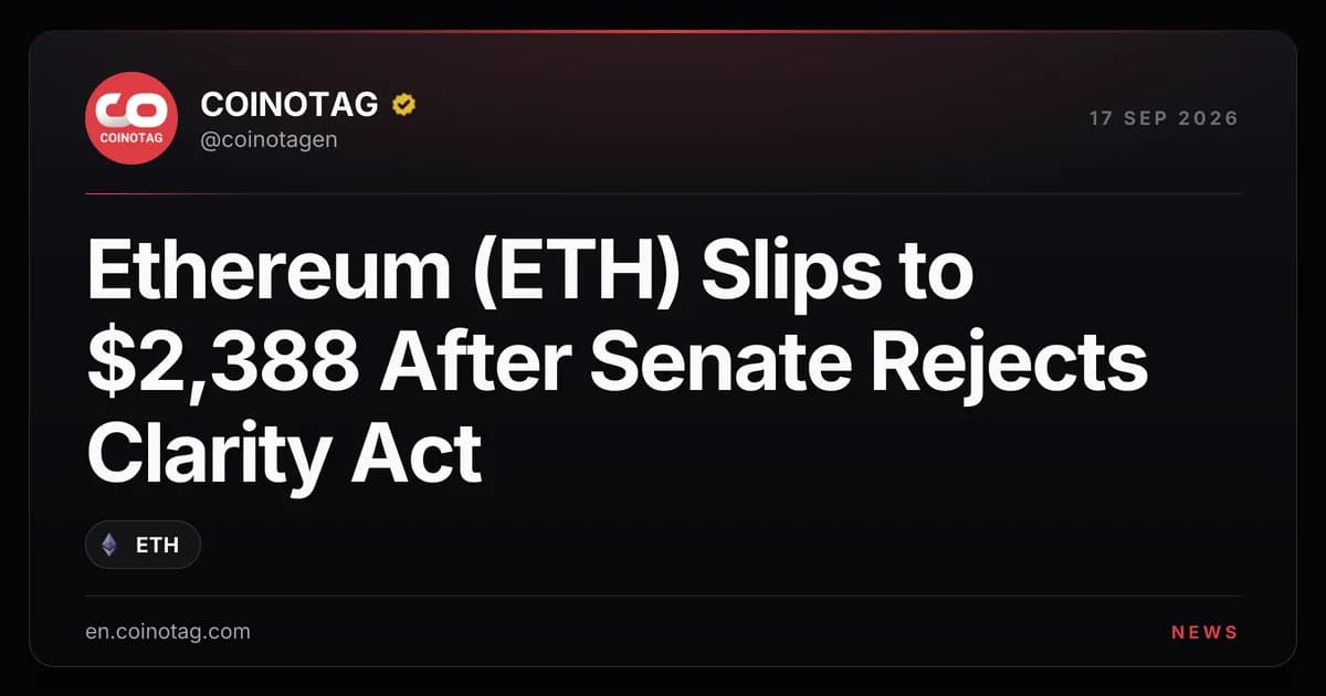 Ethereum (ETH) Slips to $2,388 After Senate Rejects Clarity Act