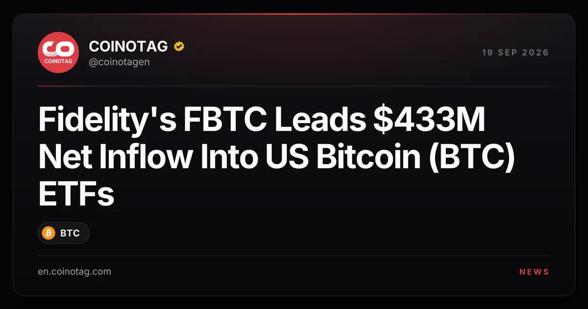 Fidelity's FBTC Leads $433M Net Inflow Into US Bitcoin (BTC) ETFs