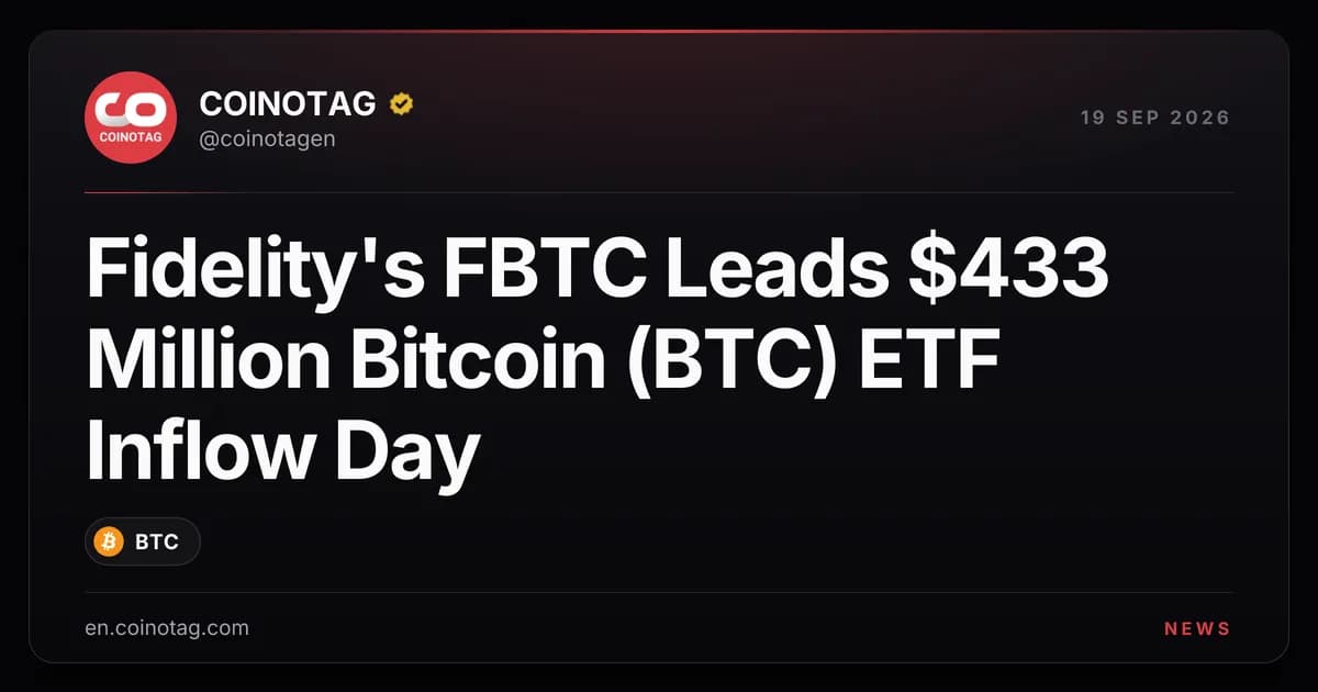 Fidelity's FBTC Leads $433 Million Bitcoin (BTC) ETF Inflow Day
