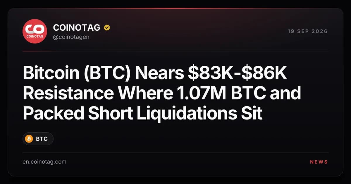 Bitcoin (BTC) Nears $83K-$86K Resistance Where 1.07M BTC and Packed Short Liquidations Sit