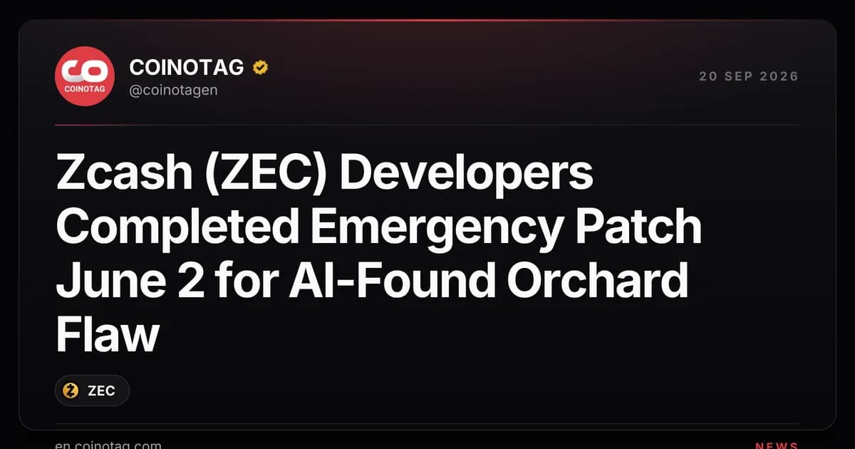 Zcash (ZEC) Developers Completed Emergency Patch June 2 for AI-Found Orchard Flaw