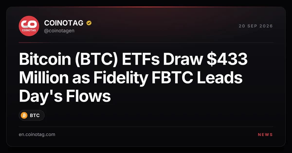 Bitcoin (BTC) ETFs Draw $433 Million as Fidelity FBTC Leads Day's Flows
