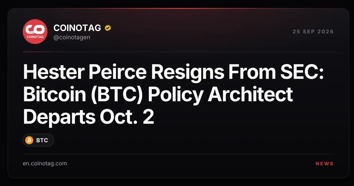 Hester Peirce Resigns From SEC: Bitcoin (BTC) Policy Architect Departs Oct. 2