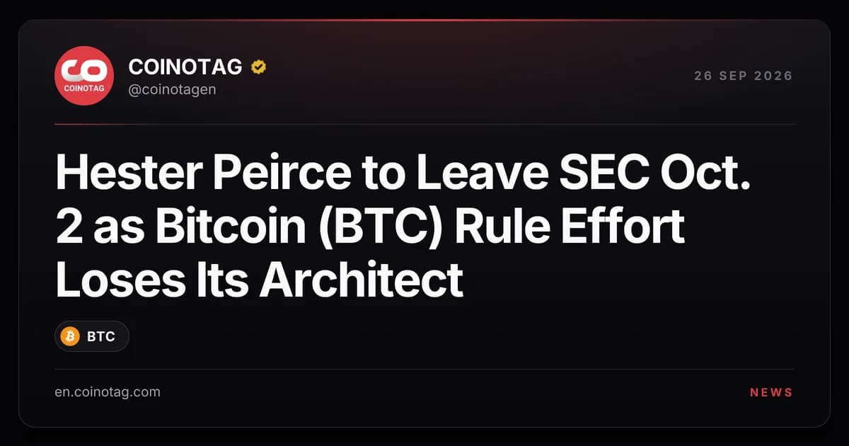 Hester Peirce to Leave SEC Oct. 2 as Bitcoin (BTC) Rule Effort Loses Its Architect