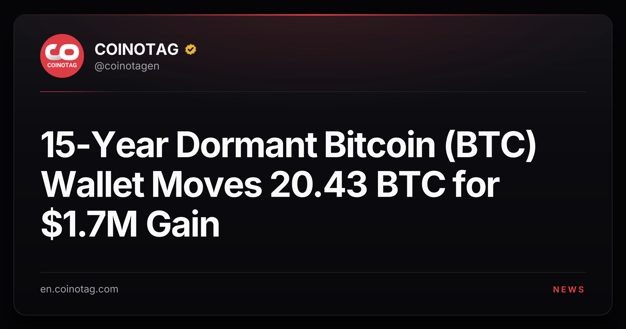15-Year Dormant Bitcoin (BTC) Wallet Moves 20.43 BTC for $1.7M Gain