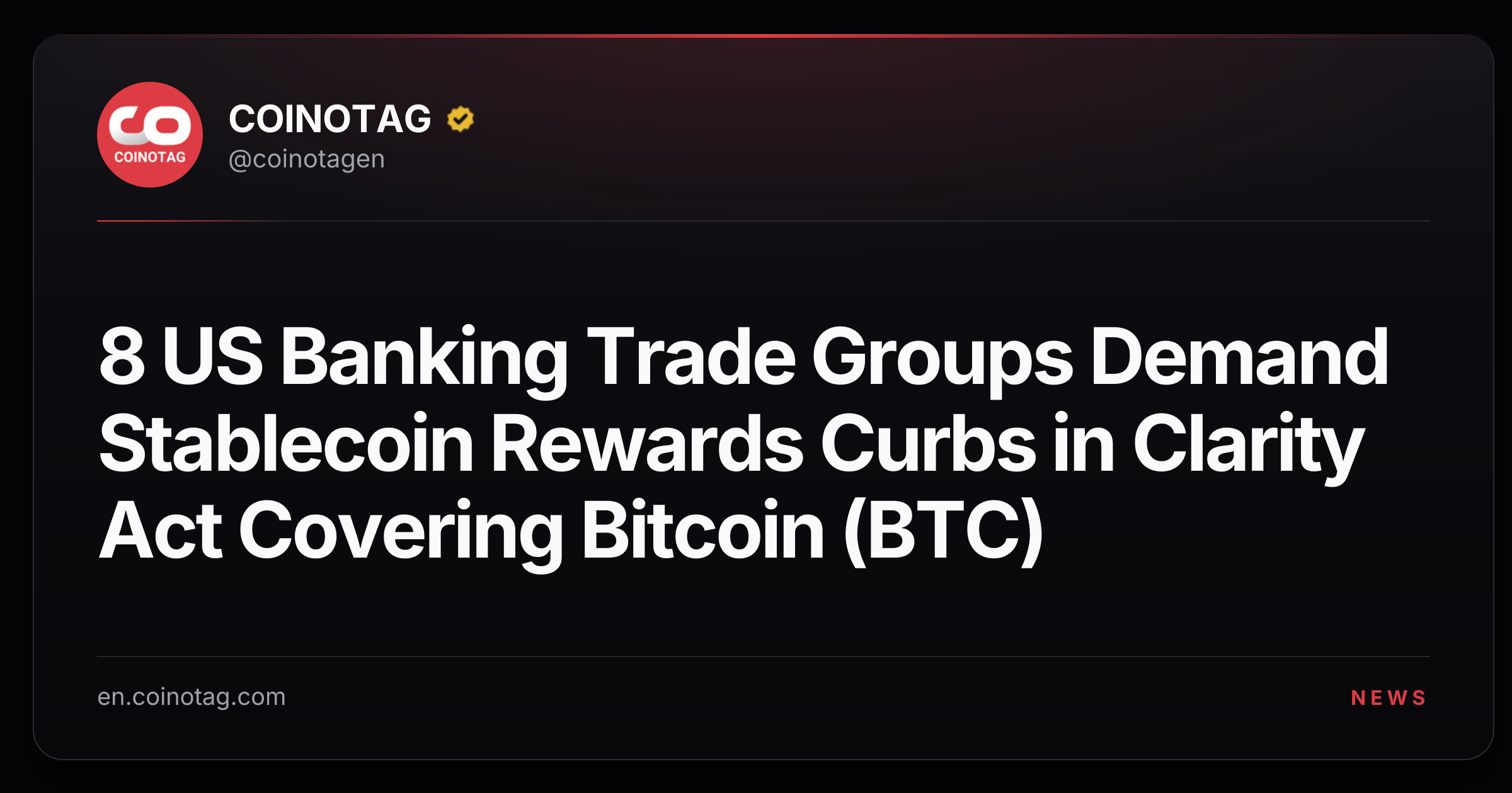 8 US Banking Trade Groups Demand Stablecoin Rewards Curbs in Clarity Act Covering Bitcoin (BTC)