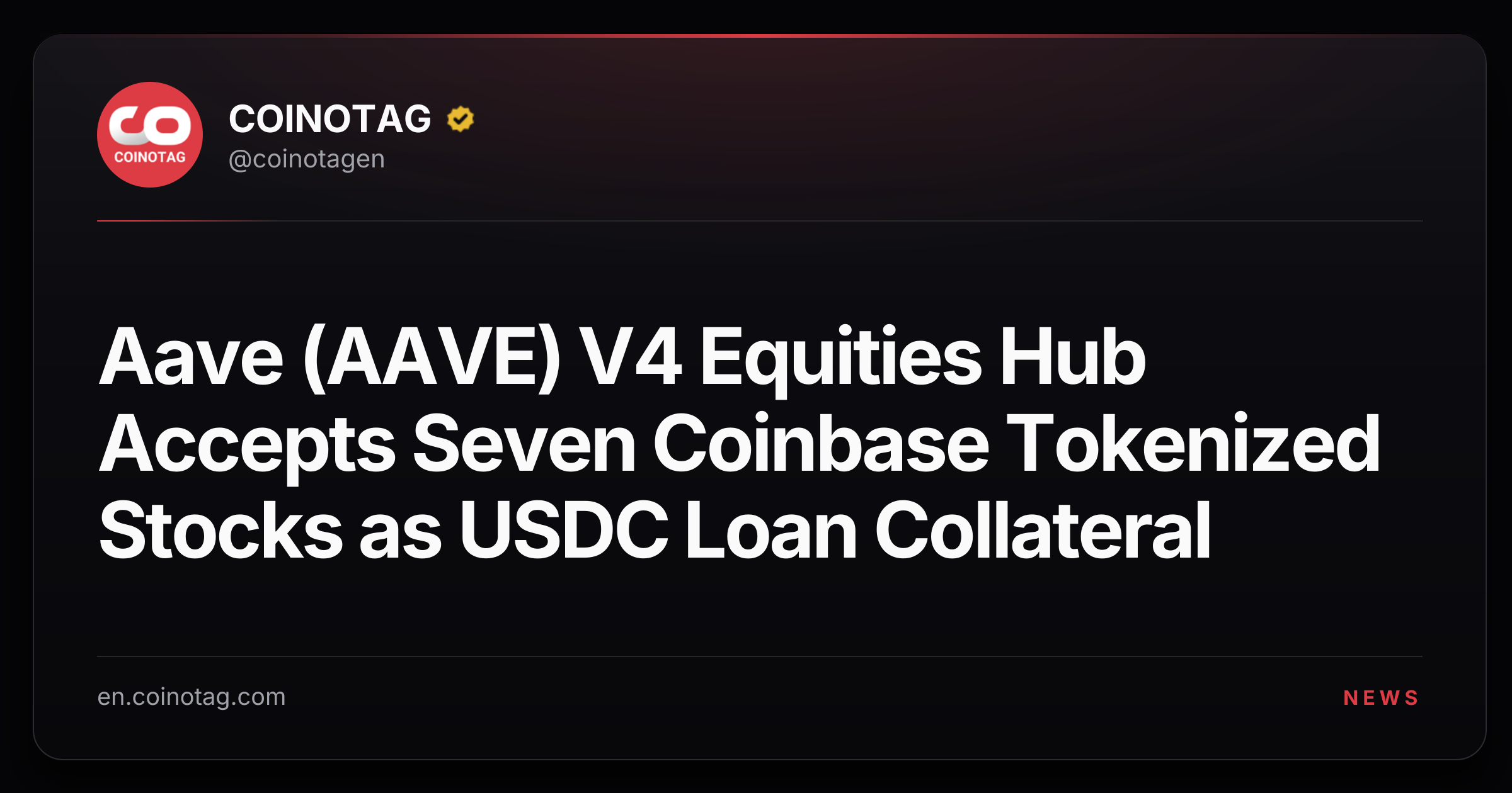 Aave (AAVE) V4 Equities Hub Accepts Seven Coinbase Tokenized Stocks as USDC Loan Collateral