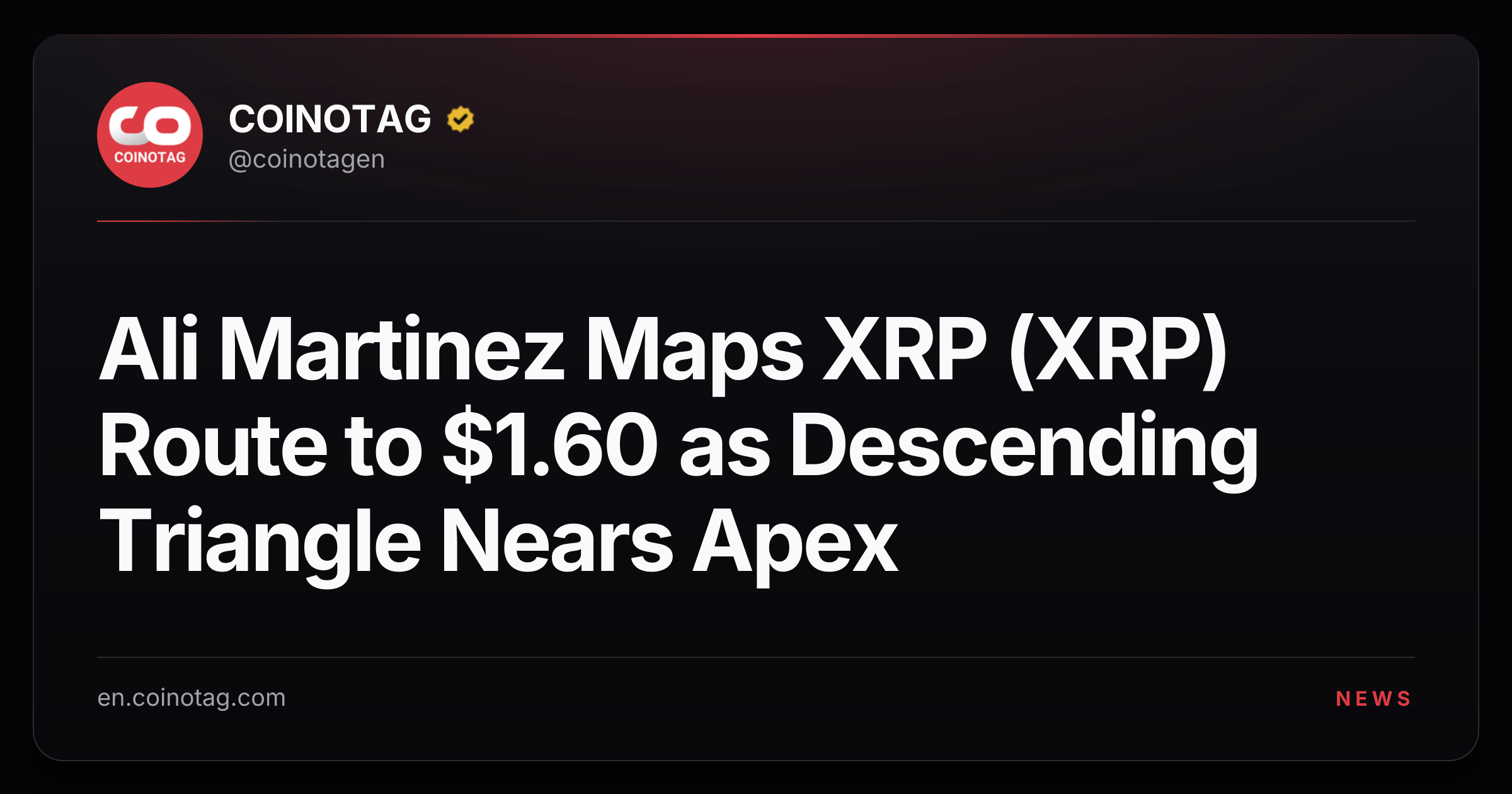 Ali Martinez Maps XRP (XRP) Route to $1.60 as Descending Triangle Nears Apex