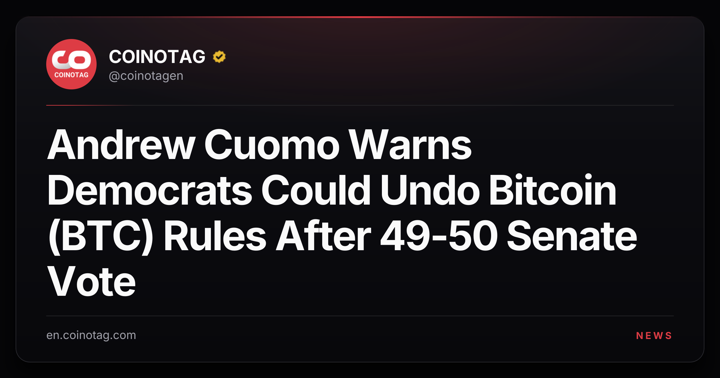 Andrew Cuomo Warns Democrats Could Undo Bitcoin (BTC) Rules After 49-50 Senate Vote