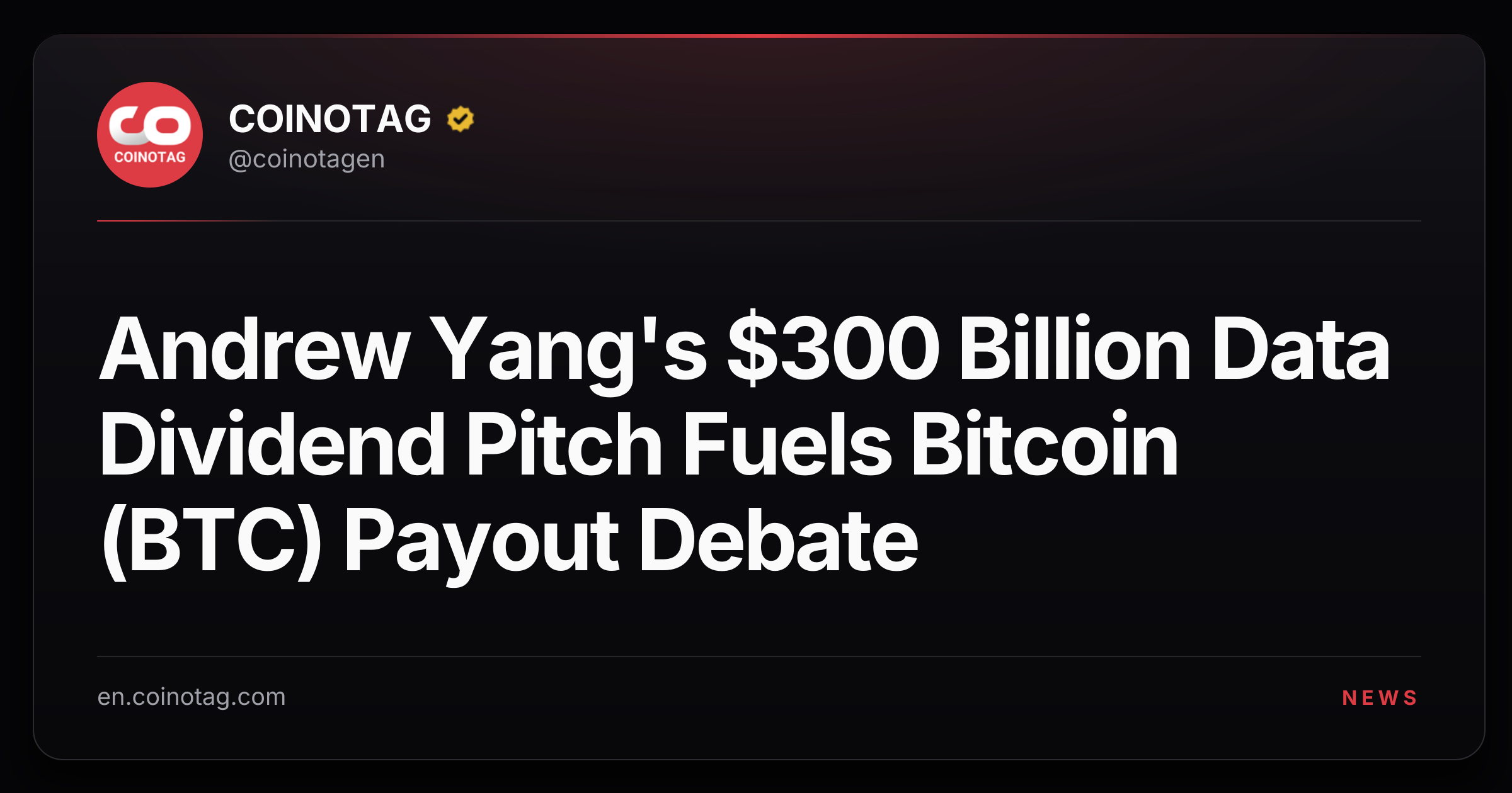 Andrew Yang's $300 Billion Data Dividend Pitch Fuels Bitcoin (BTC) Payout Debate