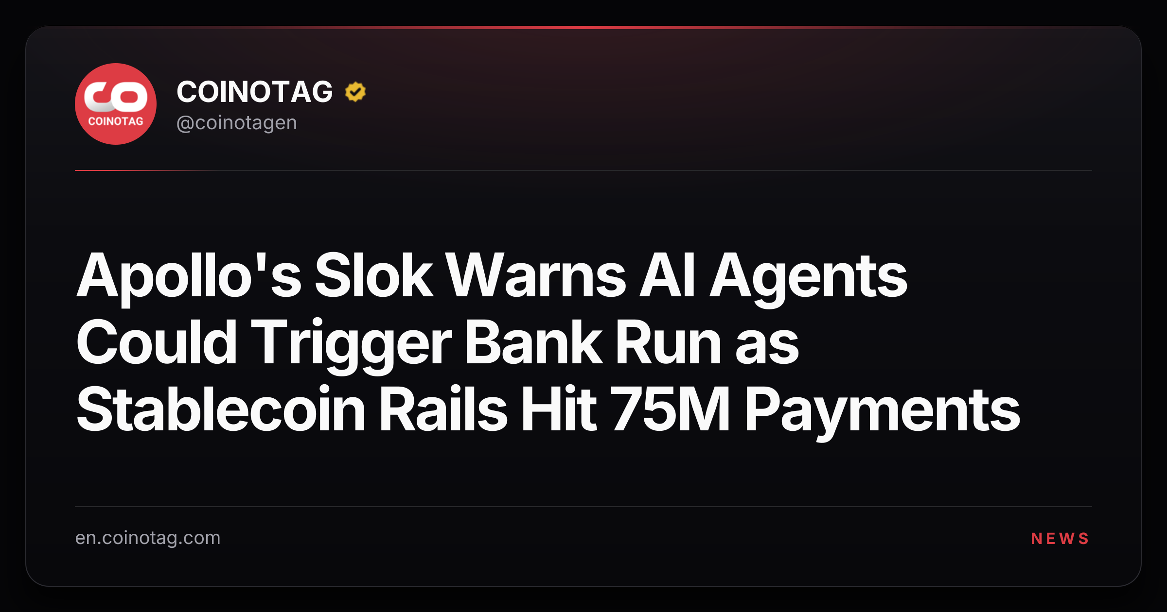 Apollo's Slok Warns AI Agents Could Trigger Bank Run as Stablecoin Rails Hit 75M Payments