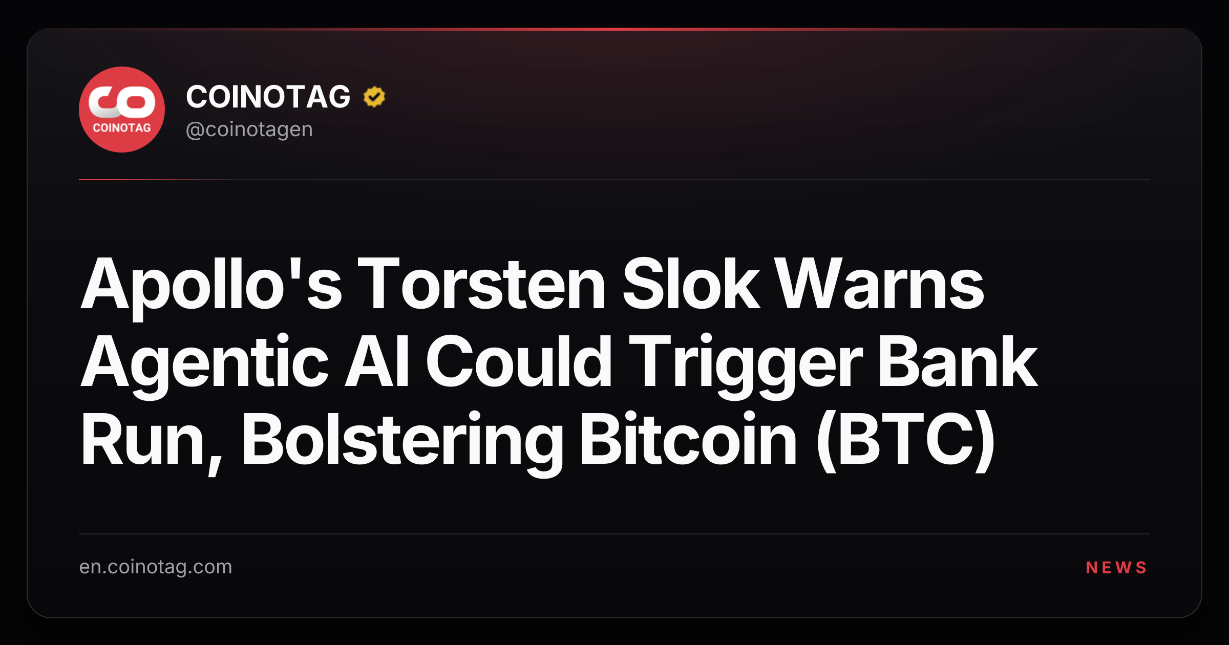 Apollo's Torsten Slok Warns Agentic AI Could Trigger Bank Run, Bolstering Bitcoin (BTC)