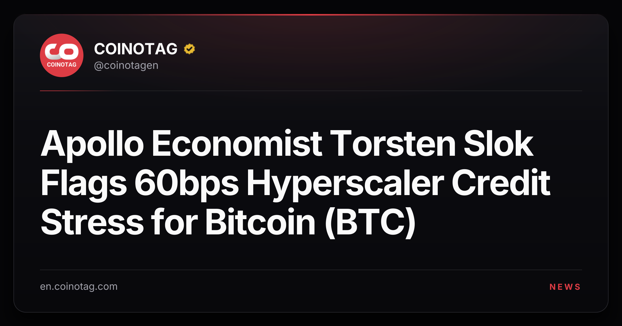 Apollo Economist Torsten Slok Flags 60bps Hyperscaler Credit Stress for Bitcoin (BTC)