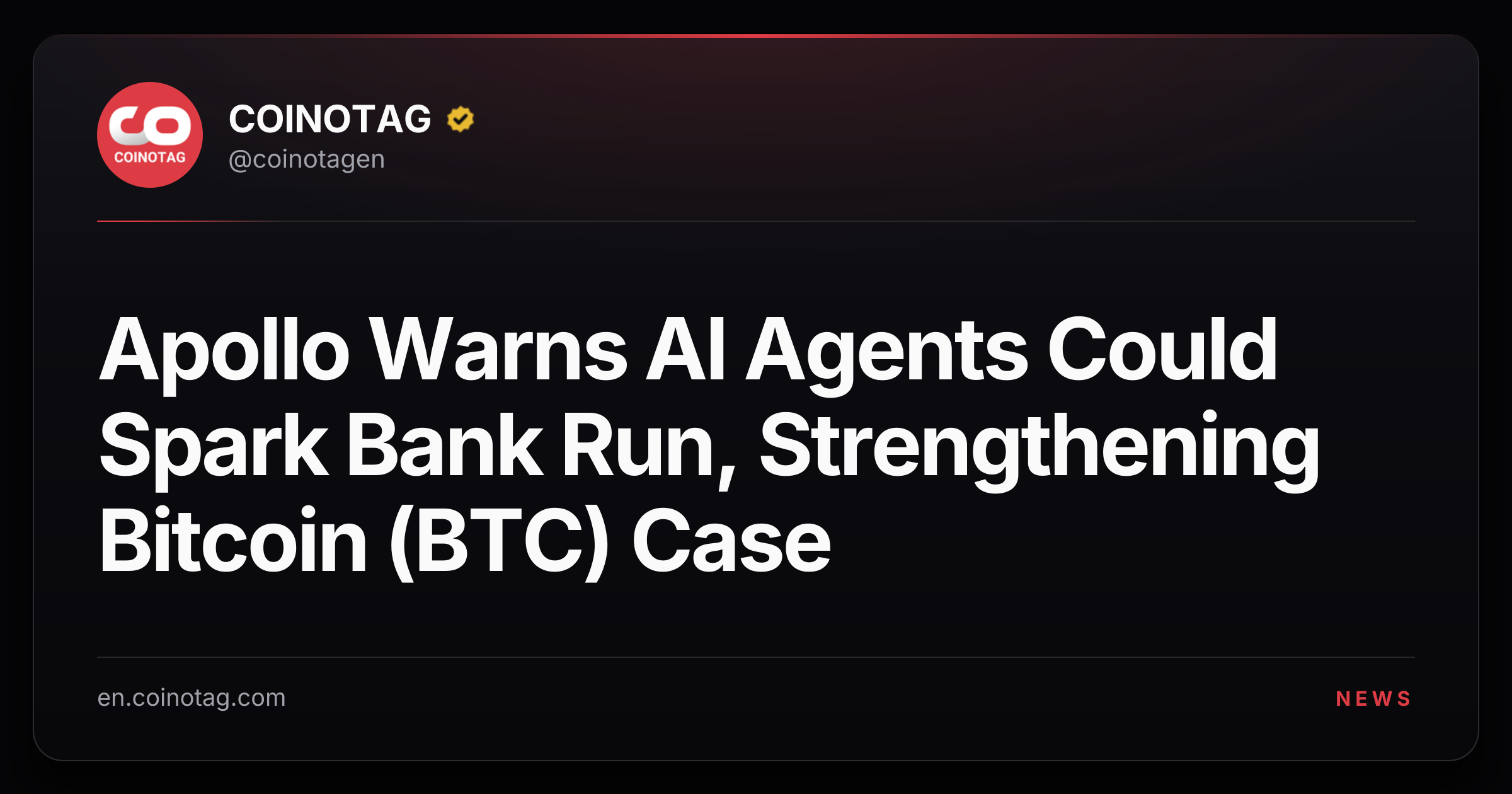 Apollo Warns AI Agents Could Spark Bank Run, Strengthening Bitcoin (BTC) Case