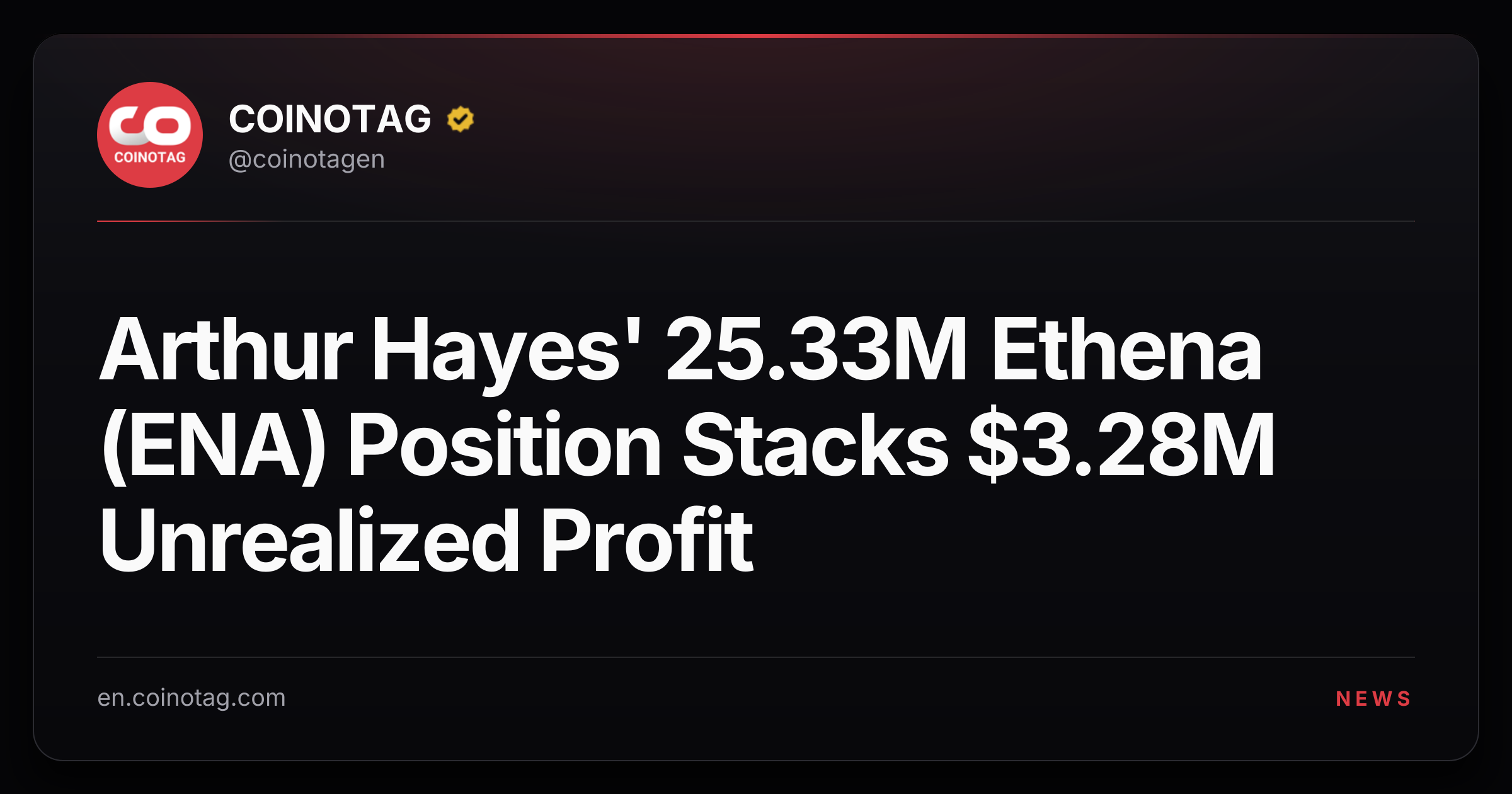 Arthur Hayes' 25.33M Ethena (ENA) Position Stacks $3.28M Unrealized Profit