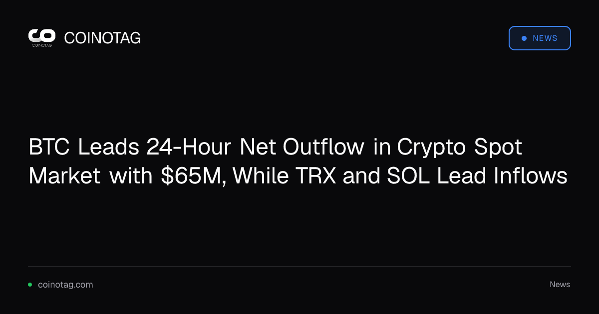 BTC Leads 24-Hour Net Outflow in Crypto Spot Market with $65M, While TRX and SOL Lead Inflows