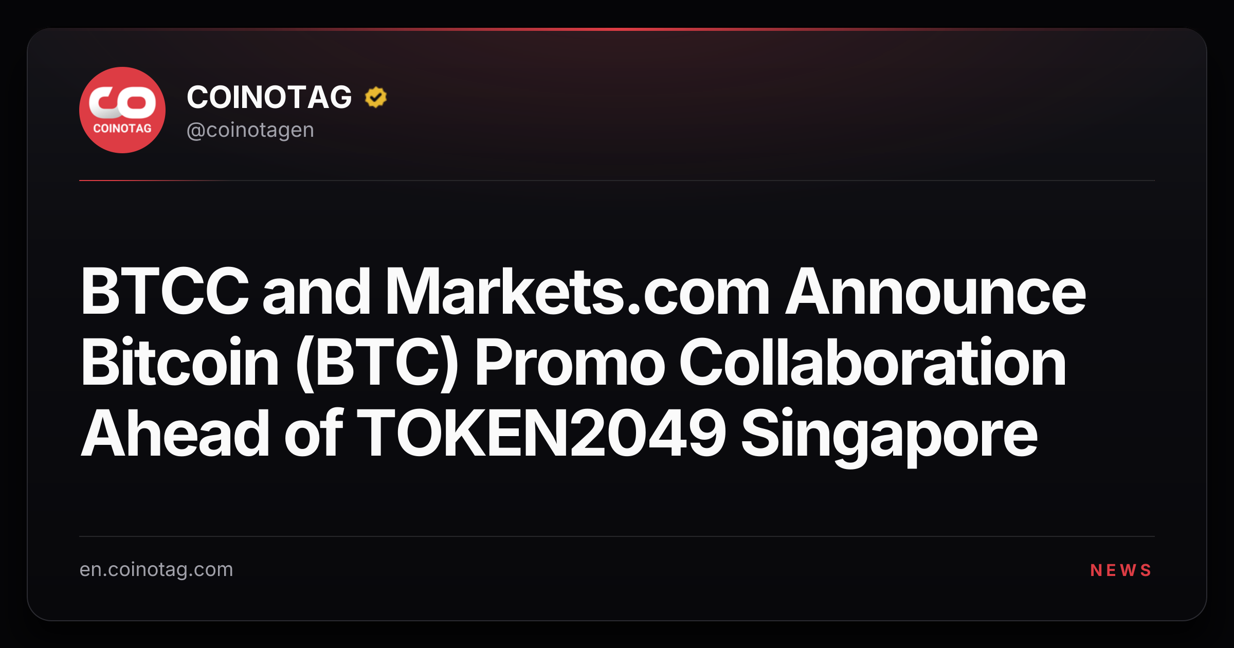 BTCC and Markets.com Announce Bitcoin (BTC) Promo Collaboration Ahead of TOKEN2049 Singapore