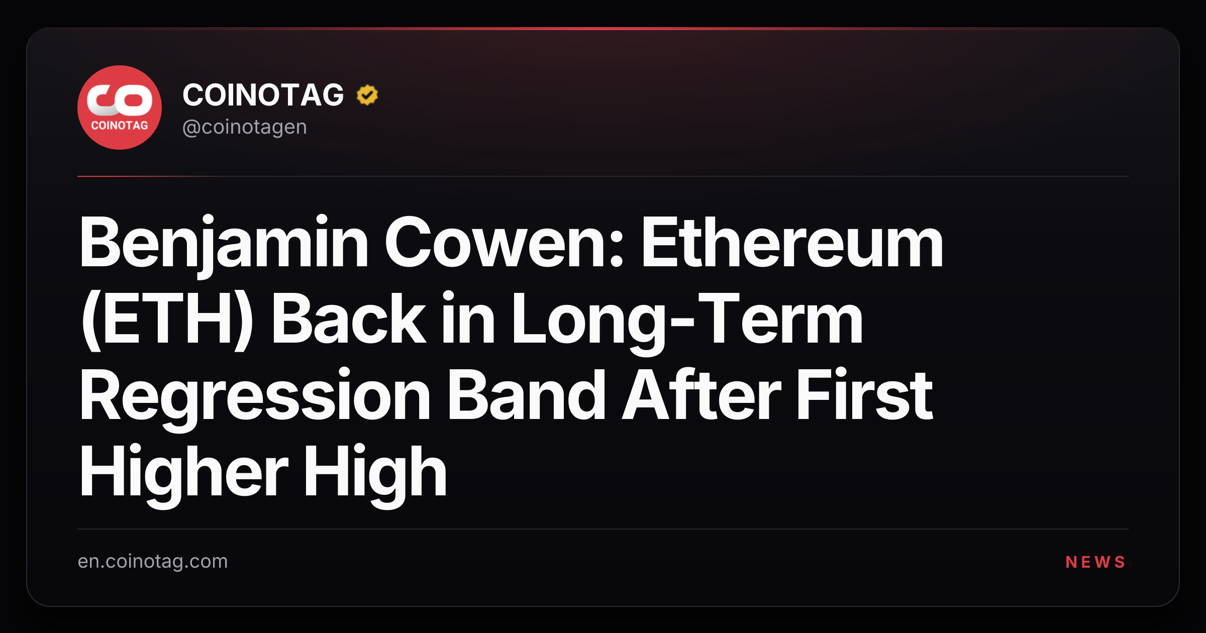 Benjamin Cowen: Ethereum (ETH) Back in Long-Term Regression Band After First Higher High
