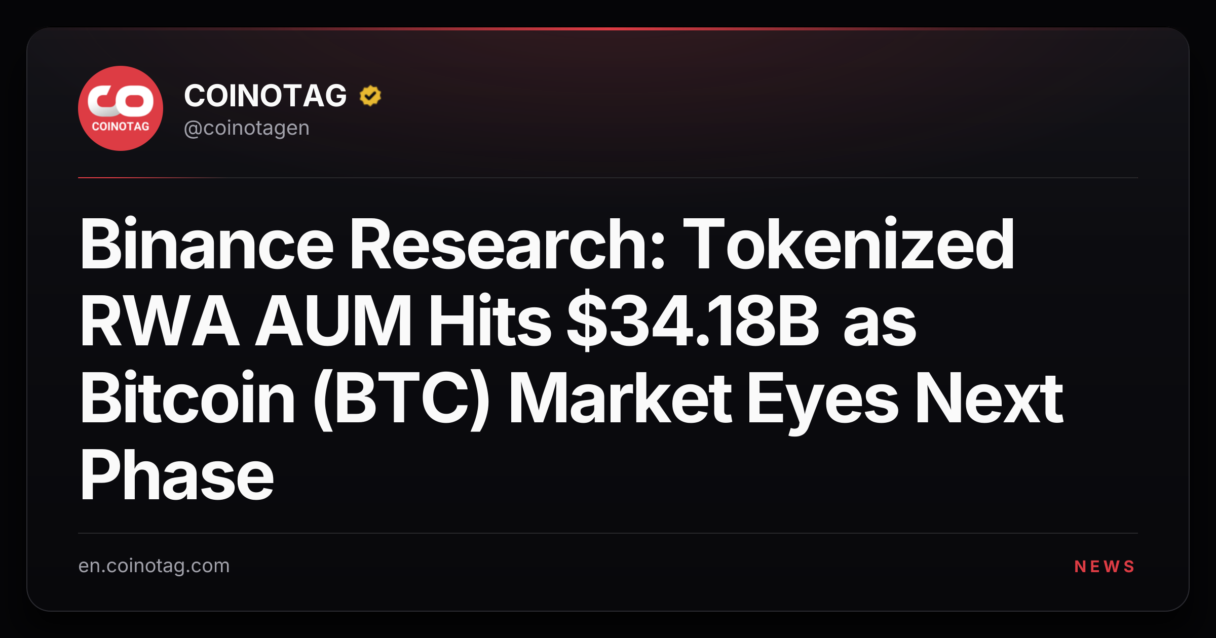 Binance Research: Tokenized RWA AUM Hits $34.18B as Bitcoin (BTC) Market Eyes Next Phase