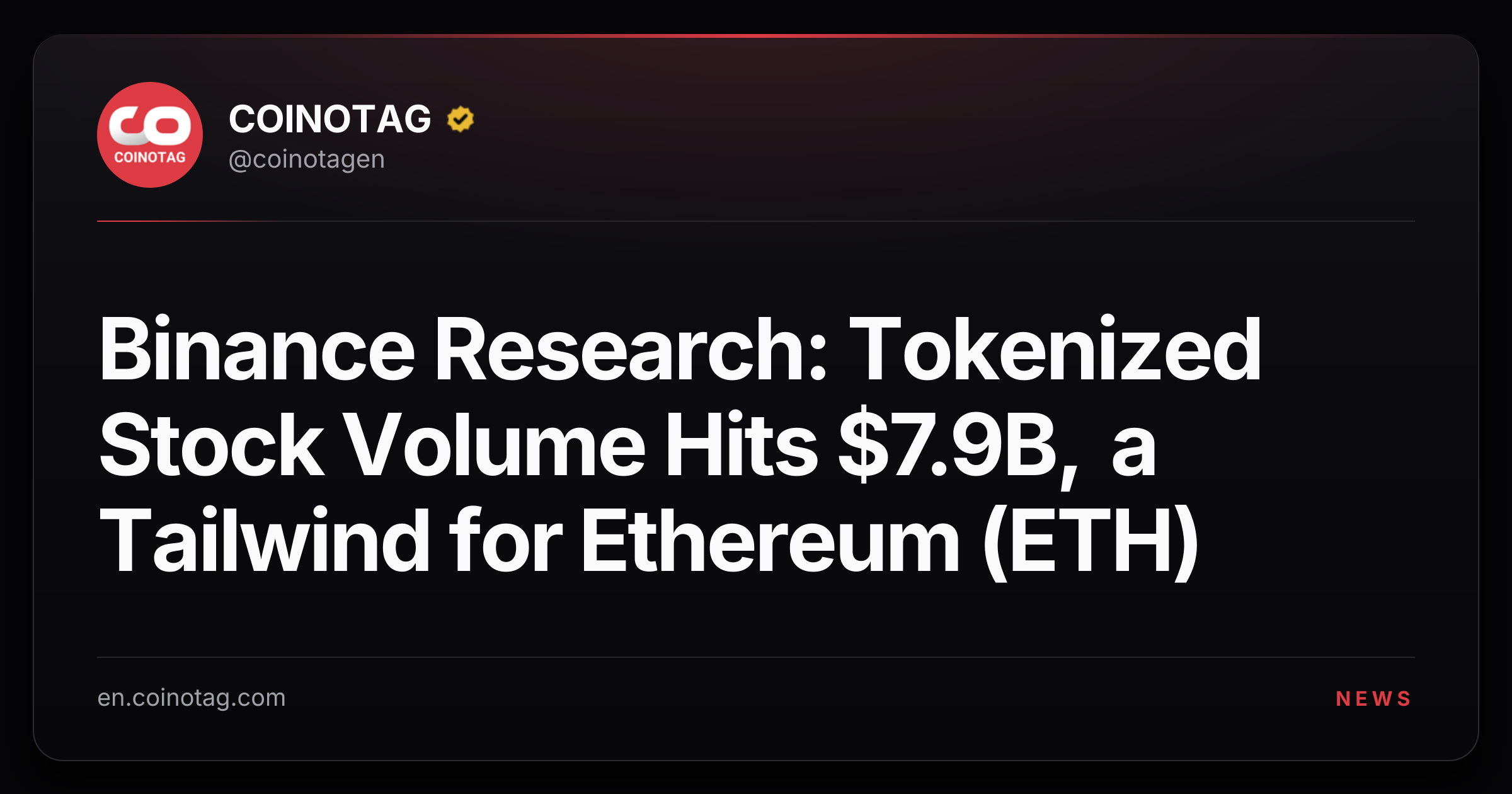 Binance Research: Tokenized Stock Volume Hits $7.9B, a Tailwind for Ethereum (ETH)