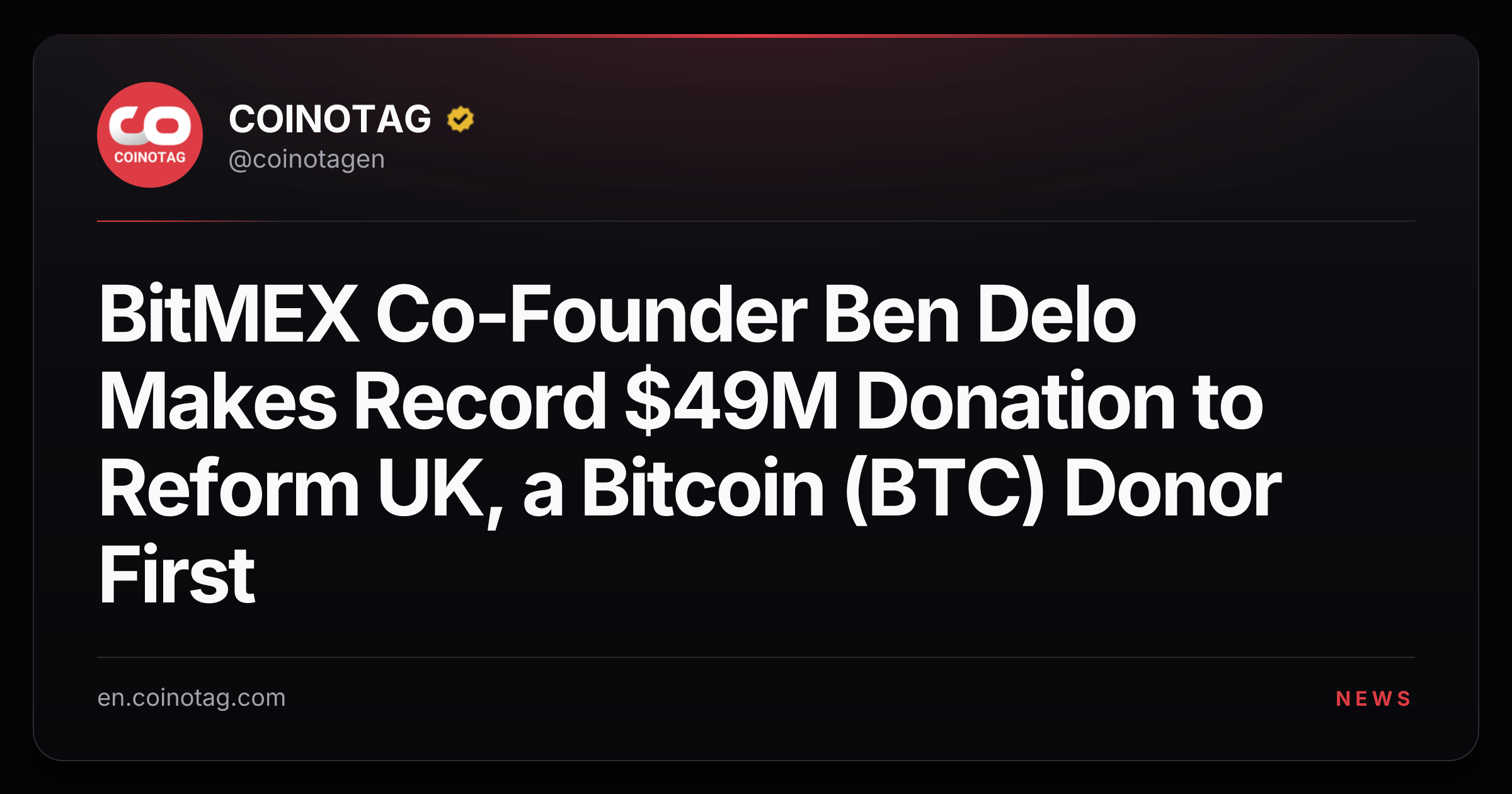 BitMEX Co-Founder Ben Delo Makes Record $49M Donation to Reform UK, a Bitcoin (BTC) Donor First