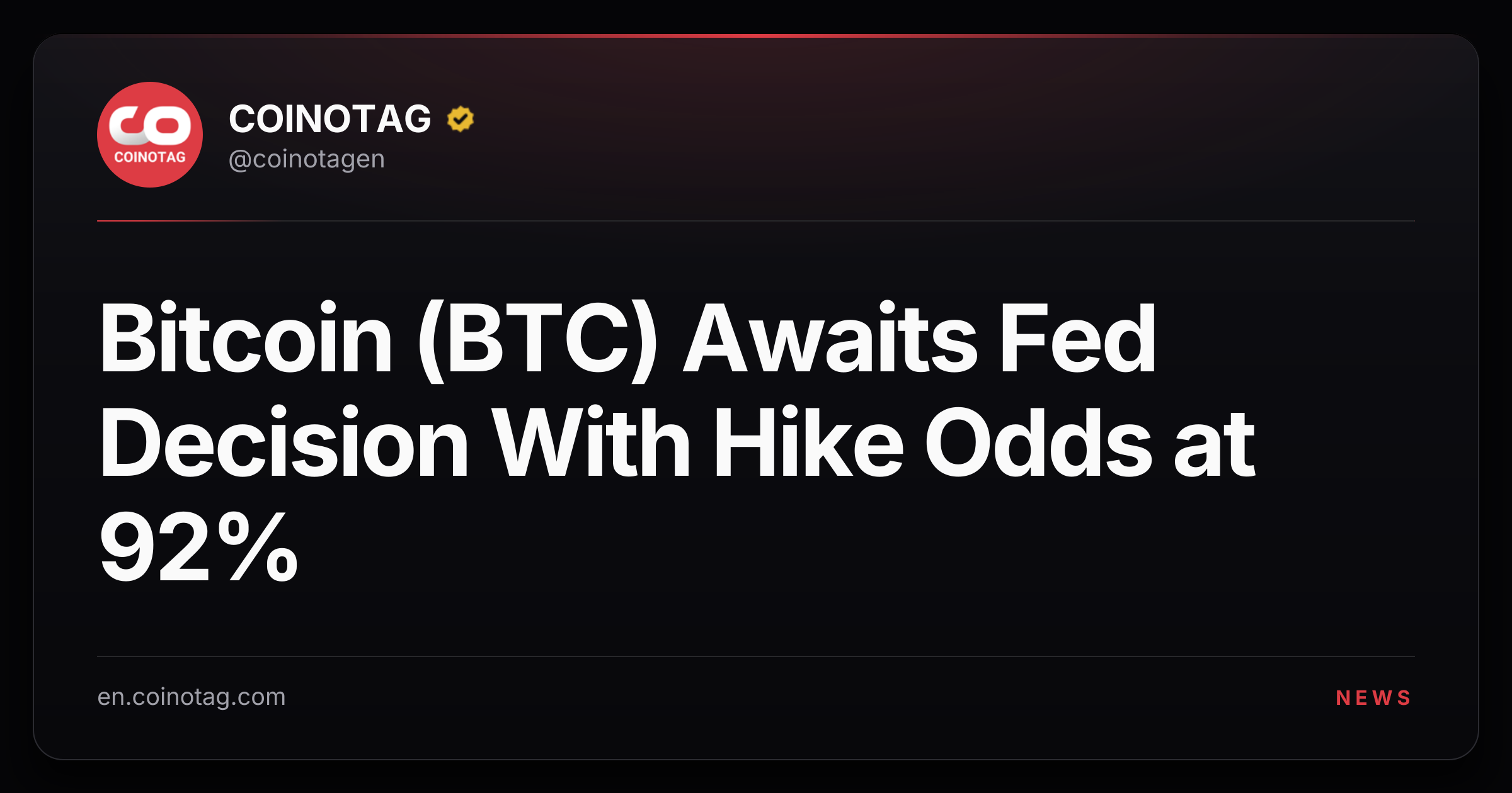 Bitcoin (BTC) Awaits Fed Decision With Hike Odds at 92%