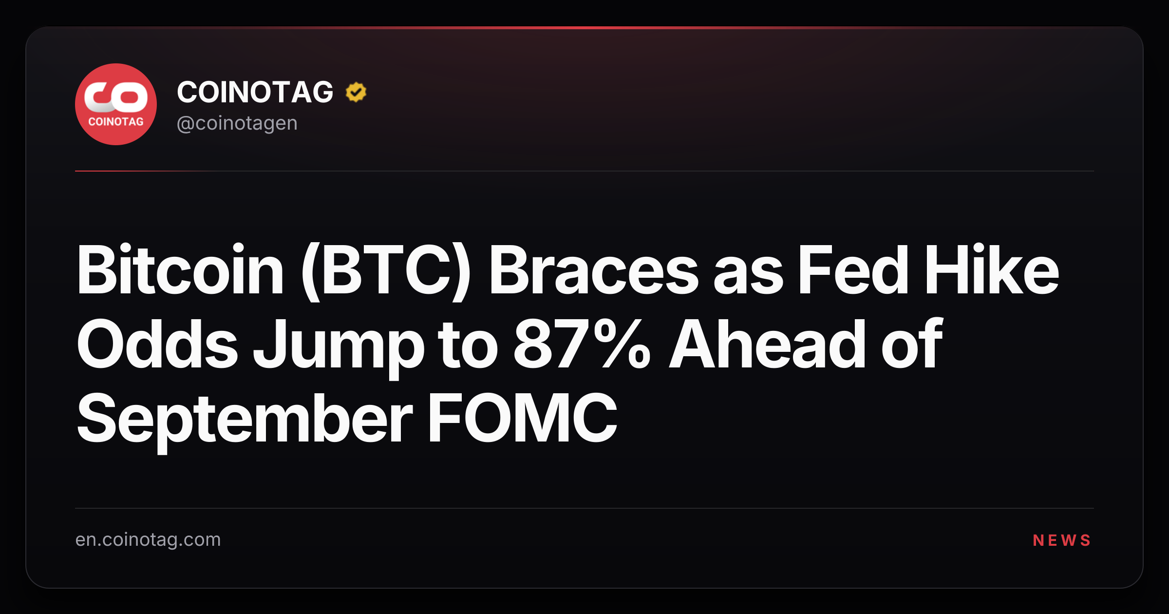 Bitcoin (BTC) Braces as Fed Hike Odds Jump to 87% Ahead of September FOMC