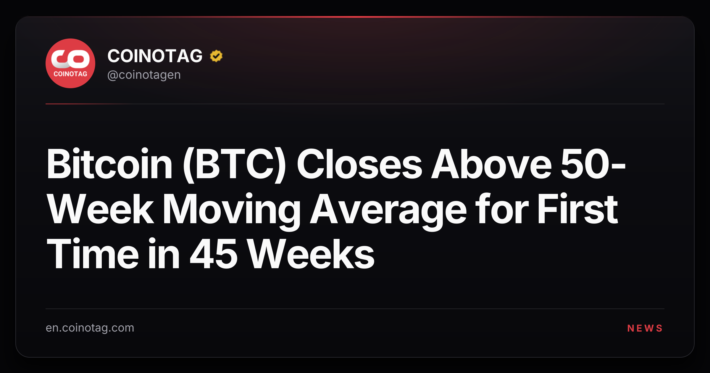 Bitcoin (BTC) Closes Above 50-Week Moving Average for First Time in 45 Weeks