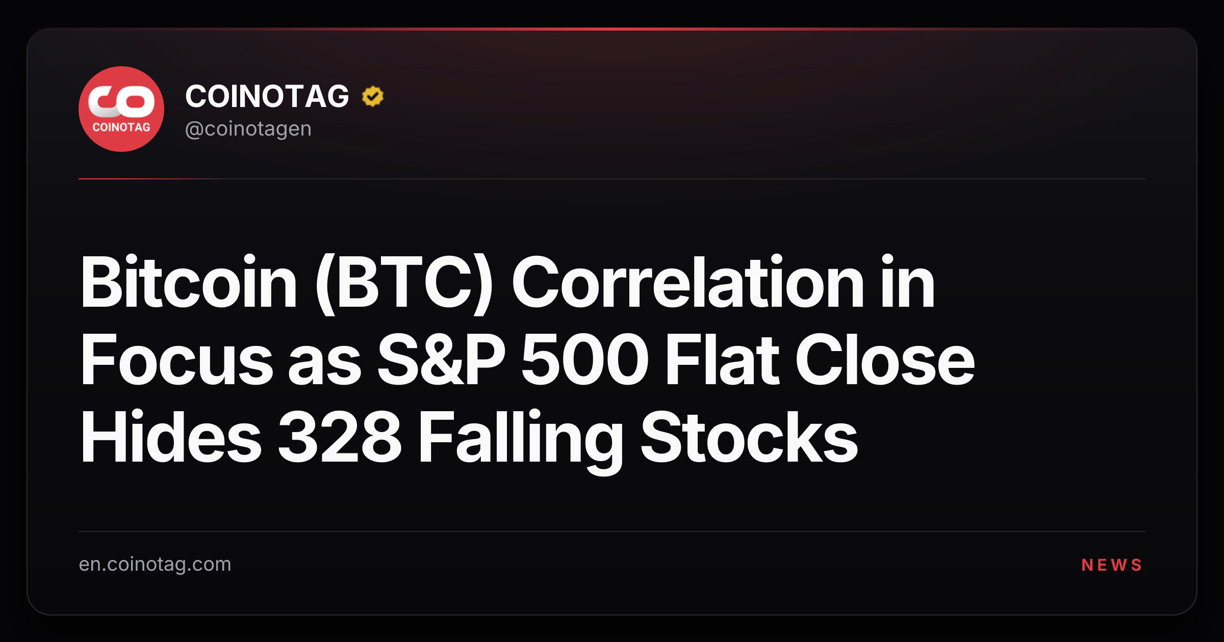 Bitcoin (BTC) Correlation in Focus as S&P 500 Flat Close Hides 328 Falling Stocks
