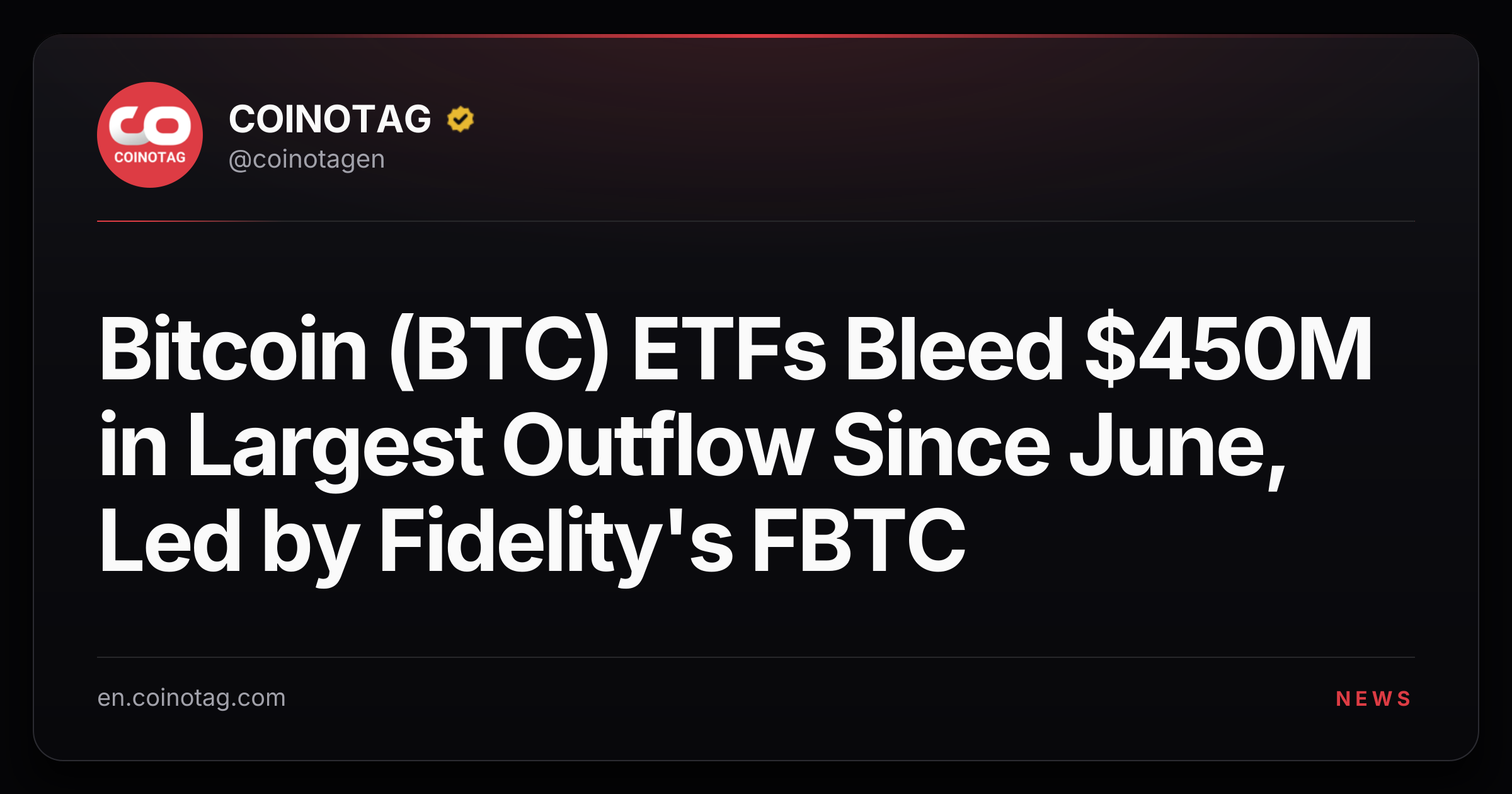 Bitcoin (BTC) ETFs Bleed $450M in Largest Outflow Since June, Led by Fidelity's FBTC