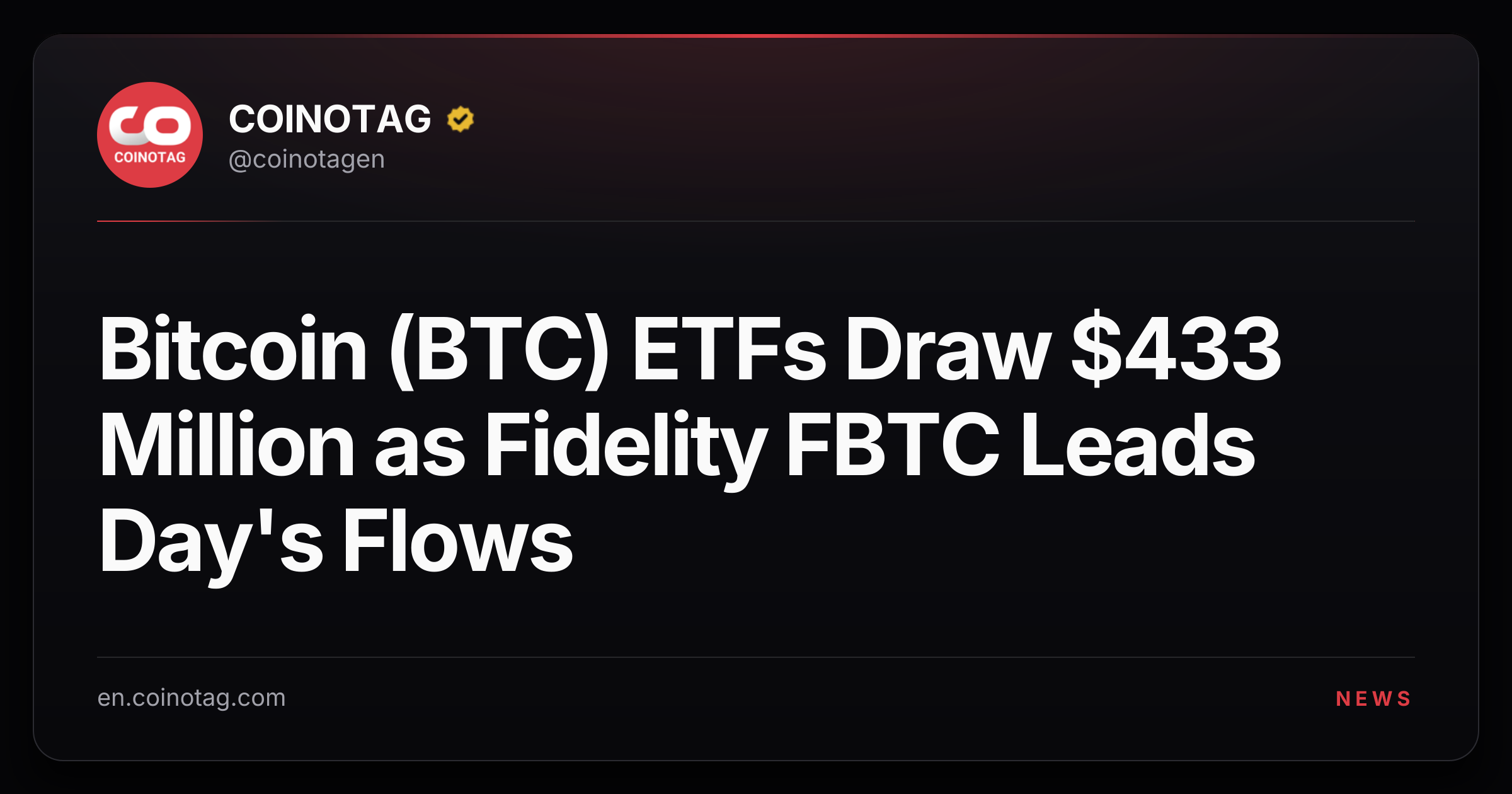 Bitcoin (BTC) ETFs Draw $433 Million as Fidelity FBTC Leads Day's Flows