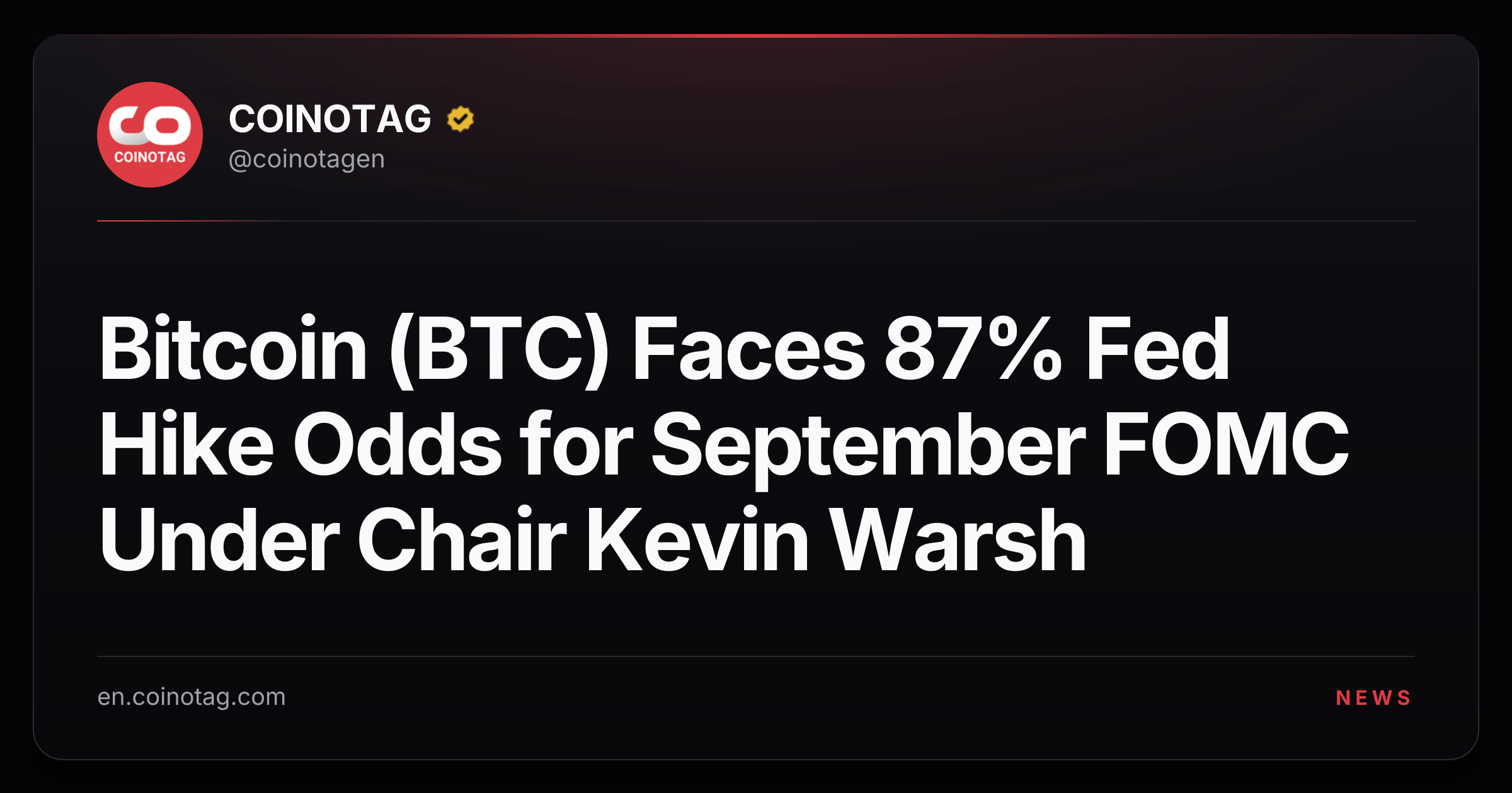 Bitcoin (BTC) Faces 87% Fed Hike Odds for September FOMC Under Chair Kevin Warsh
