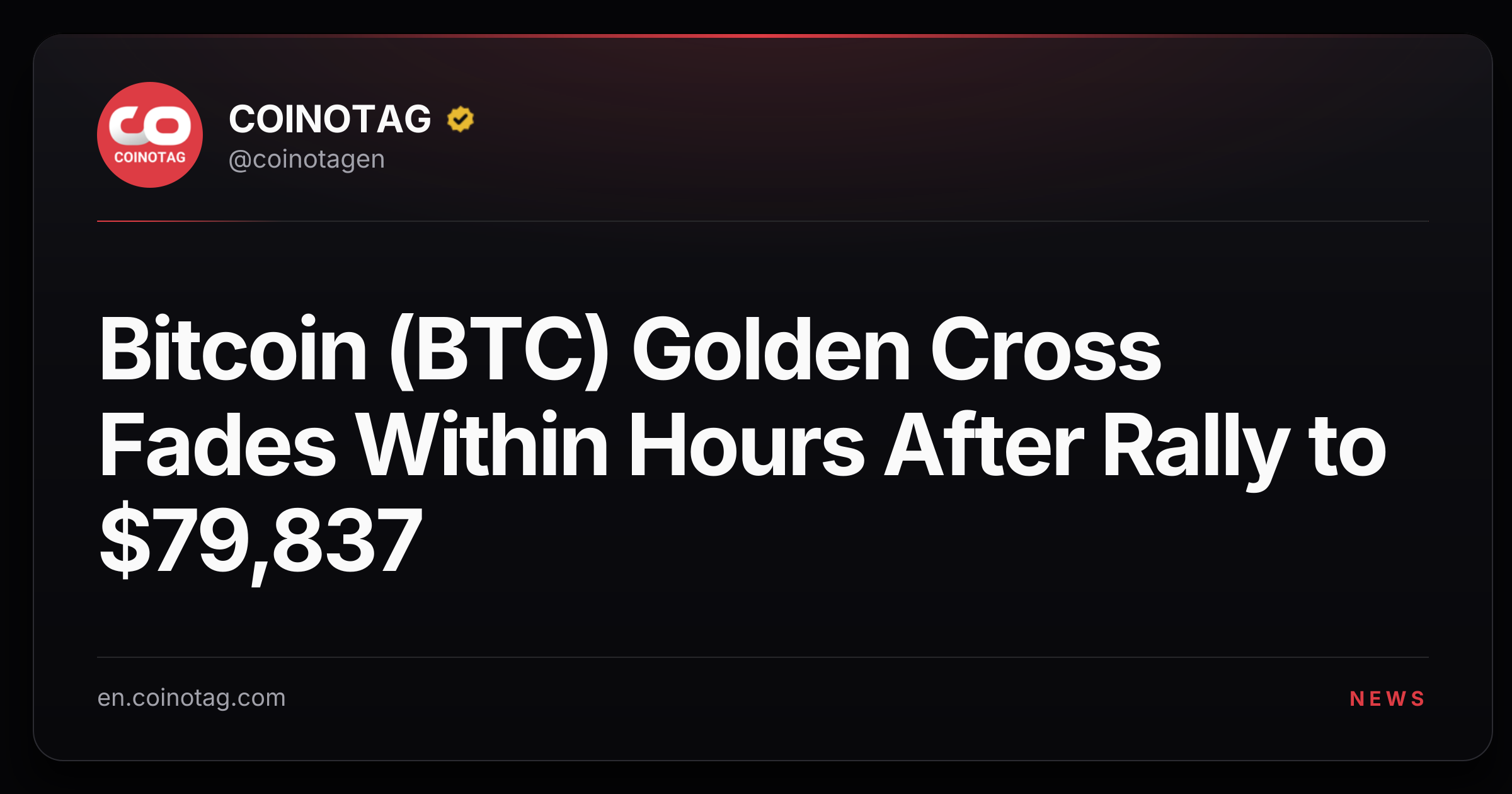 Bitcoin (BTC) Golden Cross Fades Within Hours After Rally to $79,837