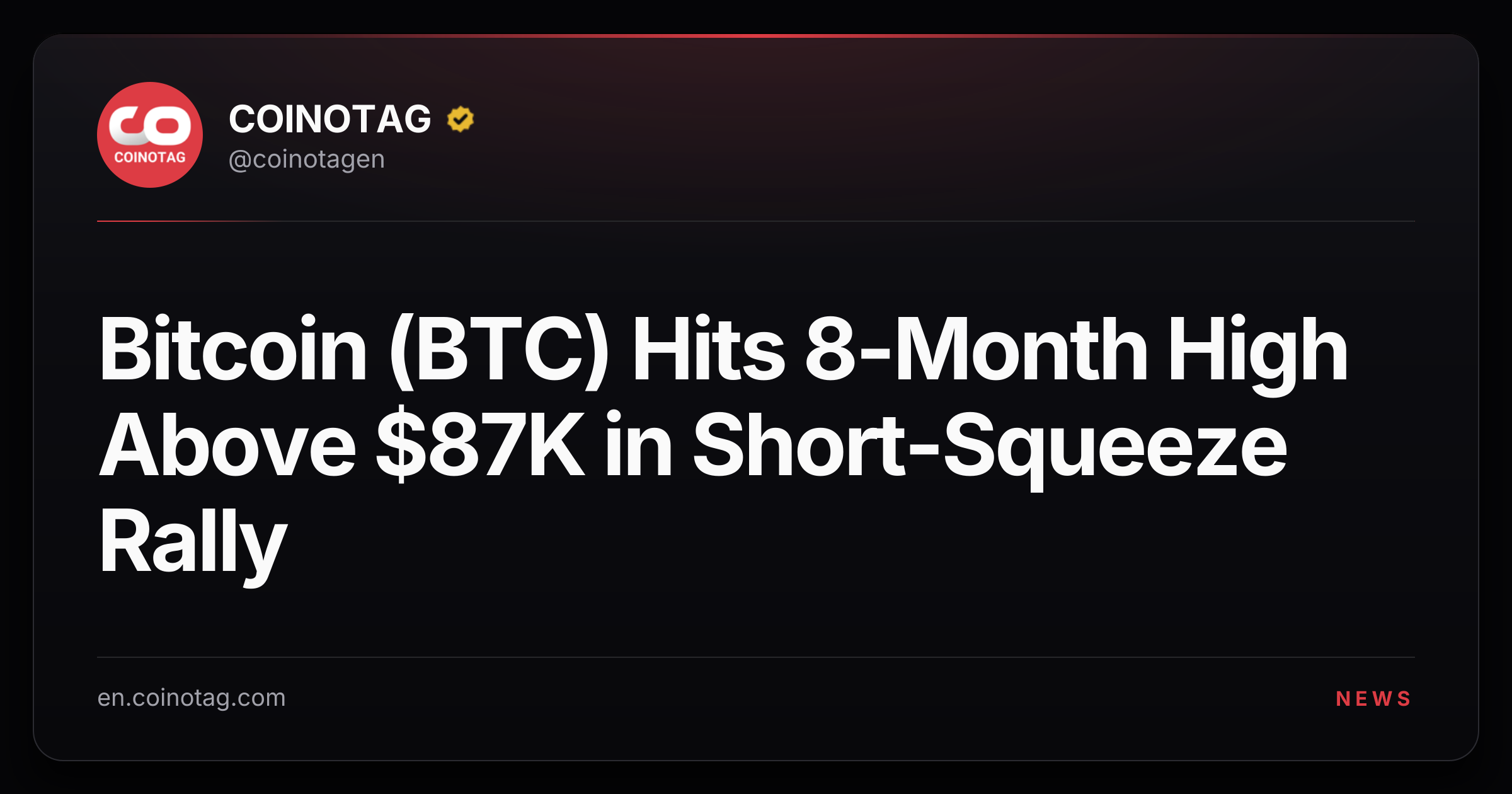 Bitcoin (BTC) Hits 8-Month High Above $87K in Short-Squeeze Rally