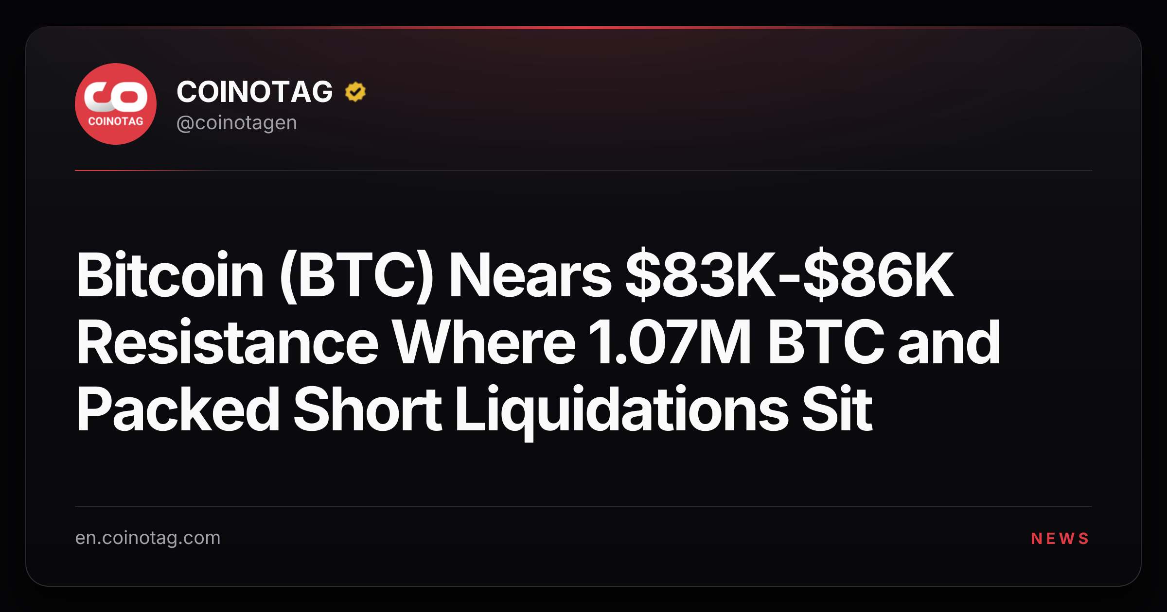 Bitcoin (BTC) Nears $83K-$86K Resistance Where 1.07M BTC and Packed Short Liquidations Sit