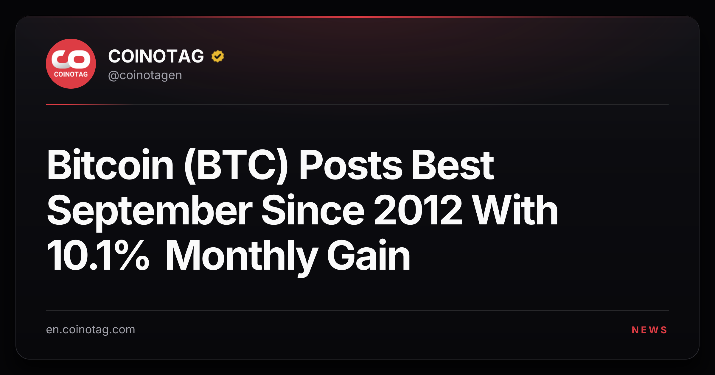 Bitcoin (BTC) Posts Best September Since 2012 With 10.1% Monthly Gain