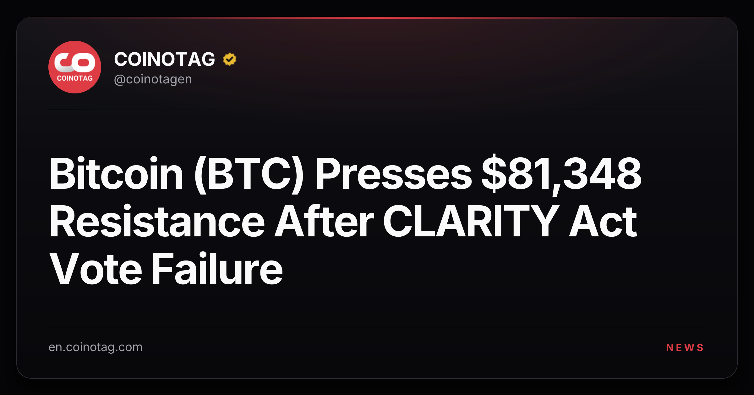 Bitcoin (BTC) Presses $81,348 Resistance After CLARITY Act Vote Failure
