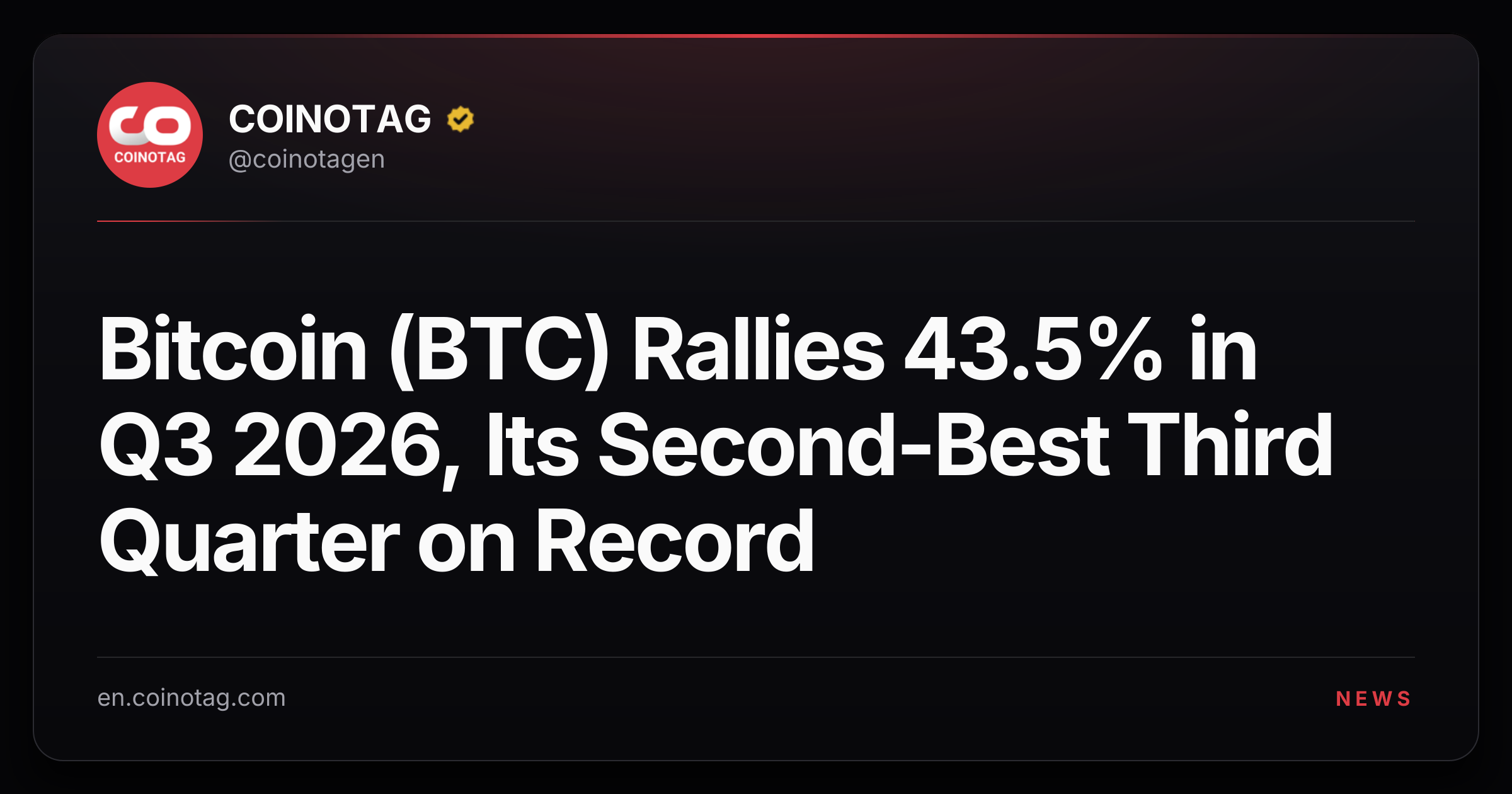 Bitcoin (BTC) Rallies 43.5% in Q3 2026, Its Second-Best Third Quarter on Record