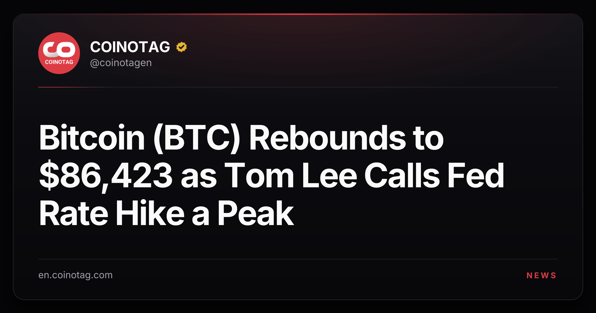 Bitcoin (BTC) Rebounds to $86,423 as Tom Lee Calls Fed Rate Hike a Peak
