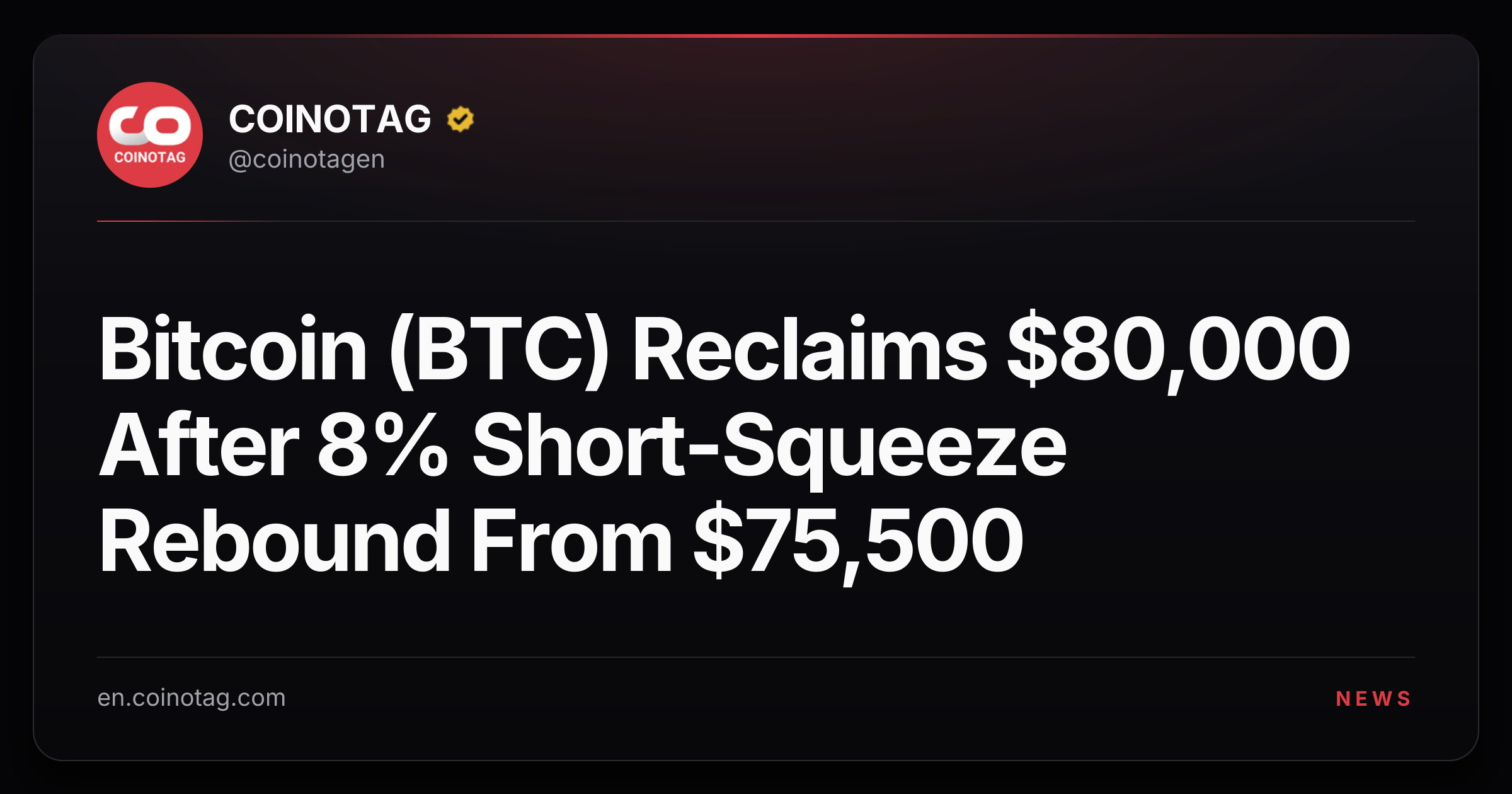 Bitcoin (BTC) Reclaims $80,000 After 8% Short-Squeeze Rebound From $75,500