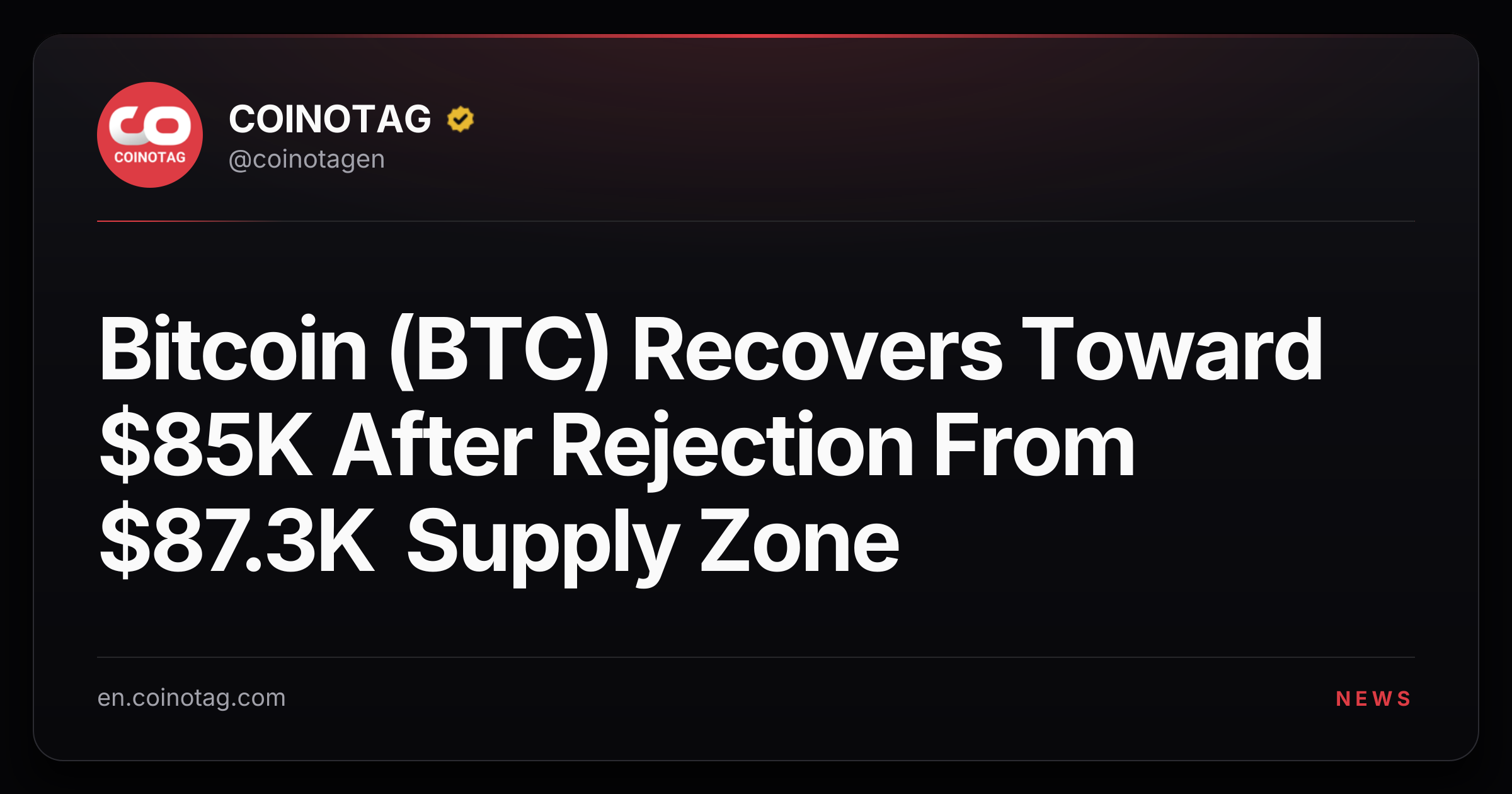 Bitcoin (BTC) Recovers Toward $85K After Rejection From $87.3K Supply Zone