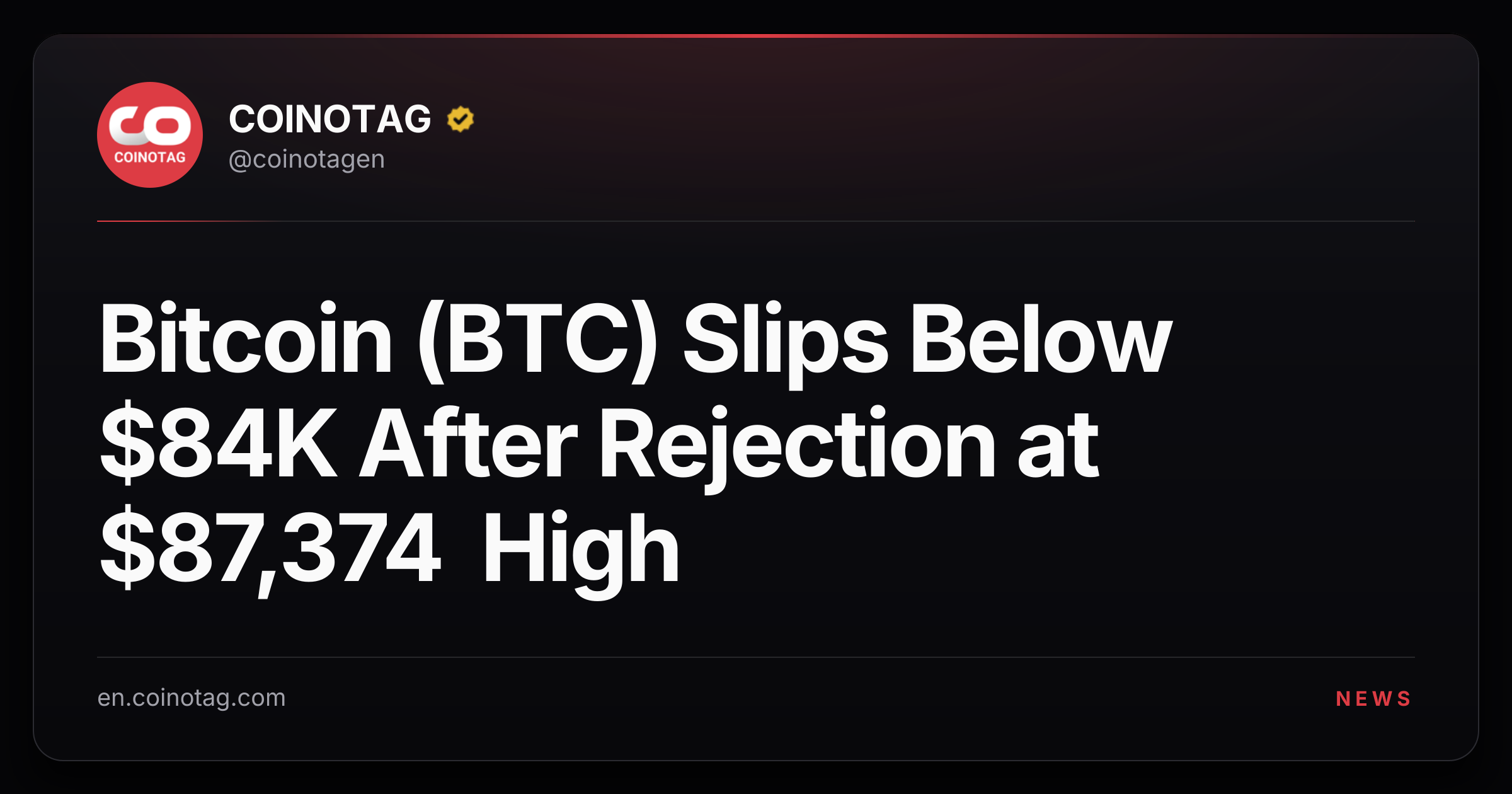 Bitcoin (BTC) Slips Below $84K After Rejection at $87,374 High