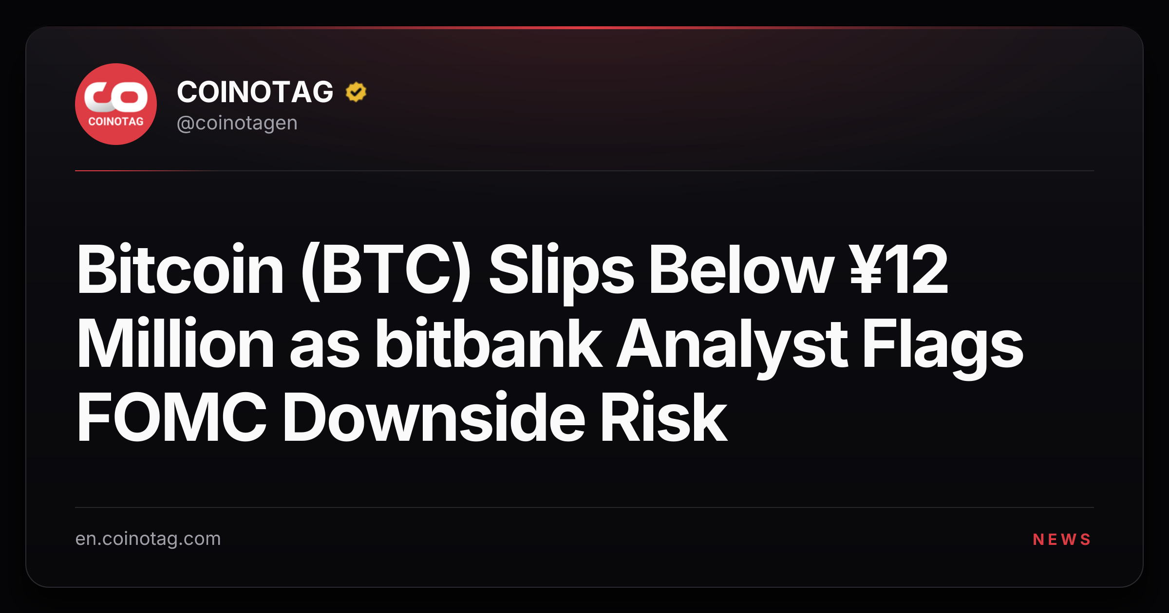 Bitcoin (BTC) Slips Below ¥12 Million as bitbank Analyst Flags FOMC Downside Risk