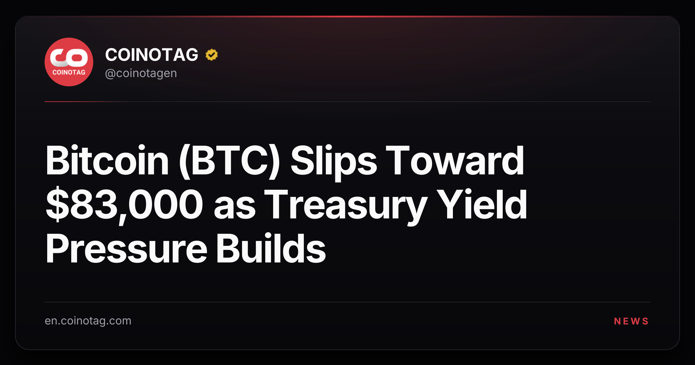 Bitcoin (BTC) Slips Toward $83,000 as Treasury Yield Pressure Builds
