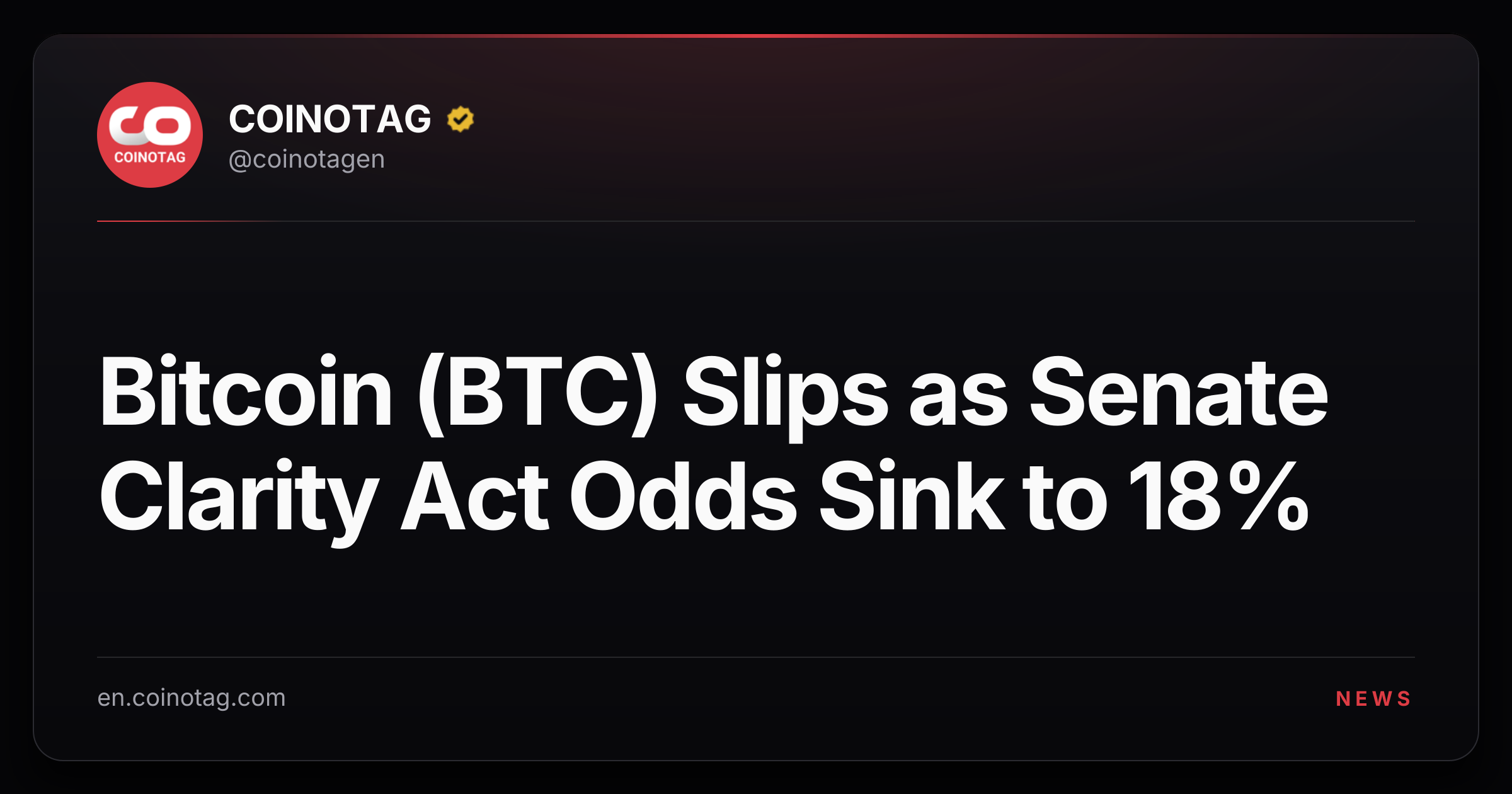 Bitcoin (BTC) Slips as Senate Clarity Act Odds Sink to 18%
